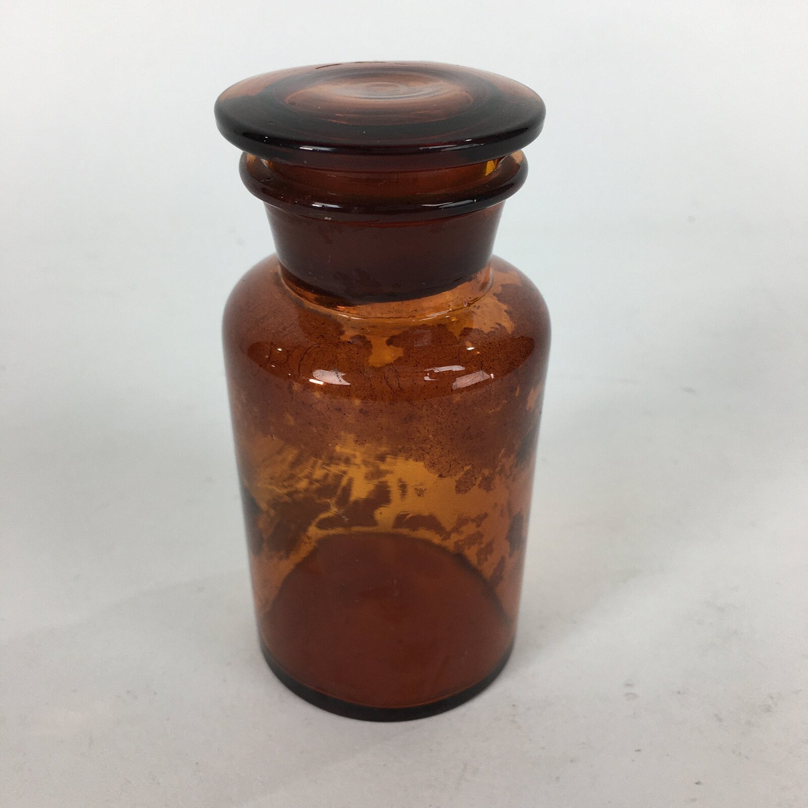 Japanese Lidded Glass Medicine Bottle Vtg Amber Color Glass 10.5 cm Vase MB10