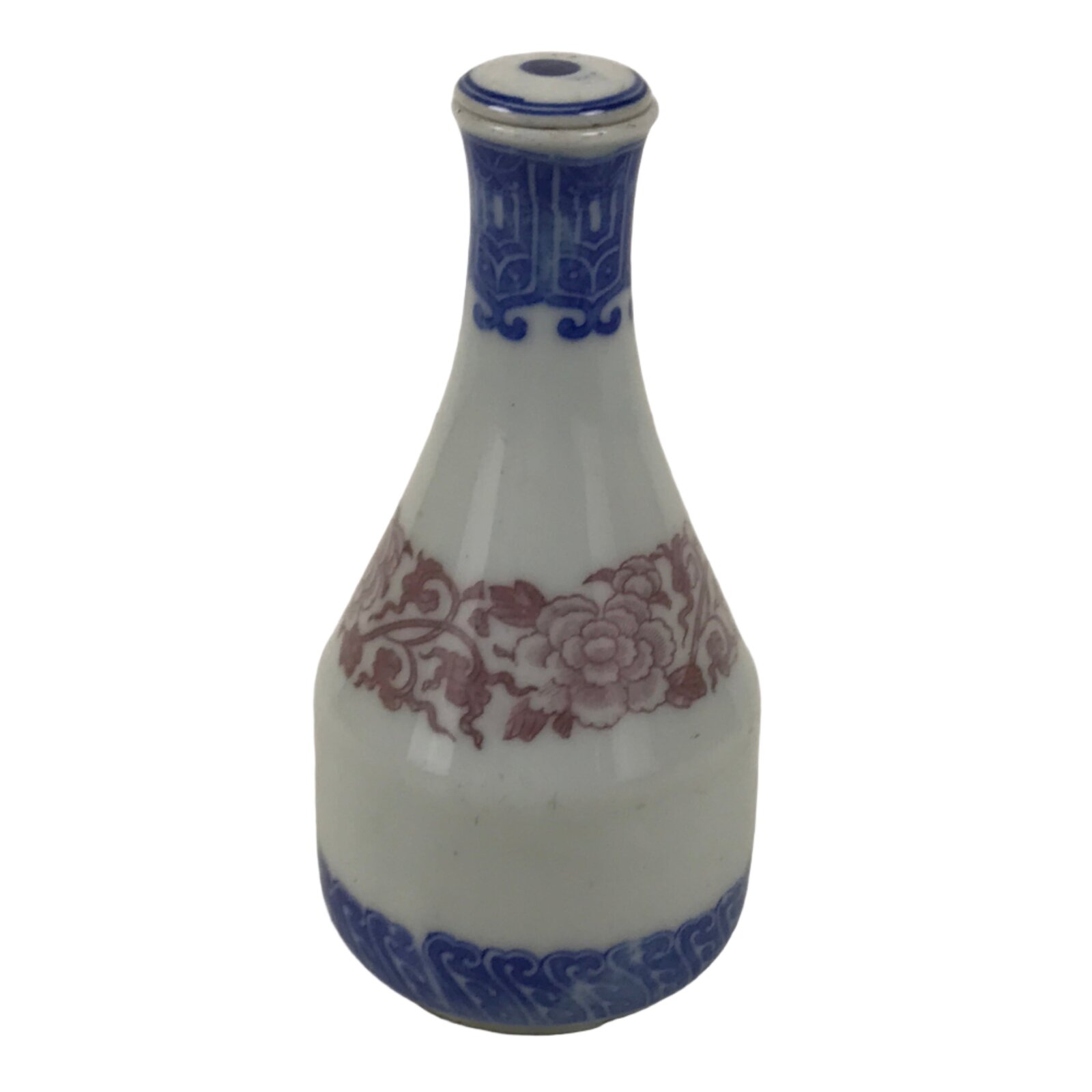 Japanese Lidded Porcelain Sake Bottle Tokkuri Vtg Sometsuke Pink Peony TS831