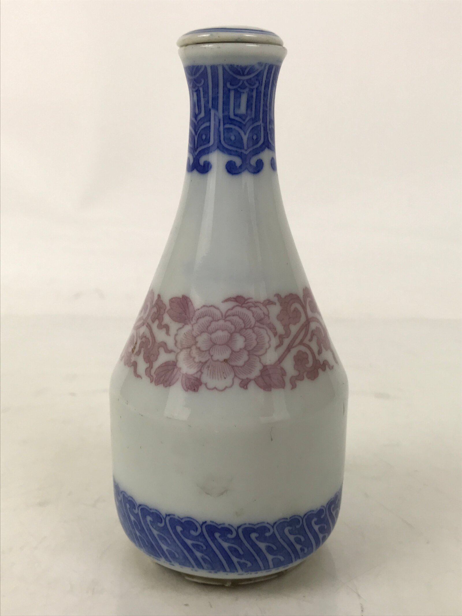 Japanese Lidded Porcelain Sake Bottle Tokkuri Vtg Sometsuke Pink Peony TS832