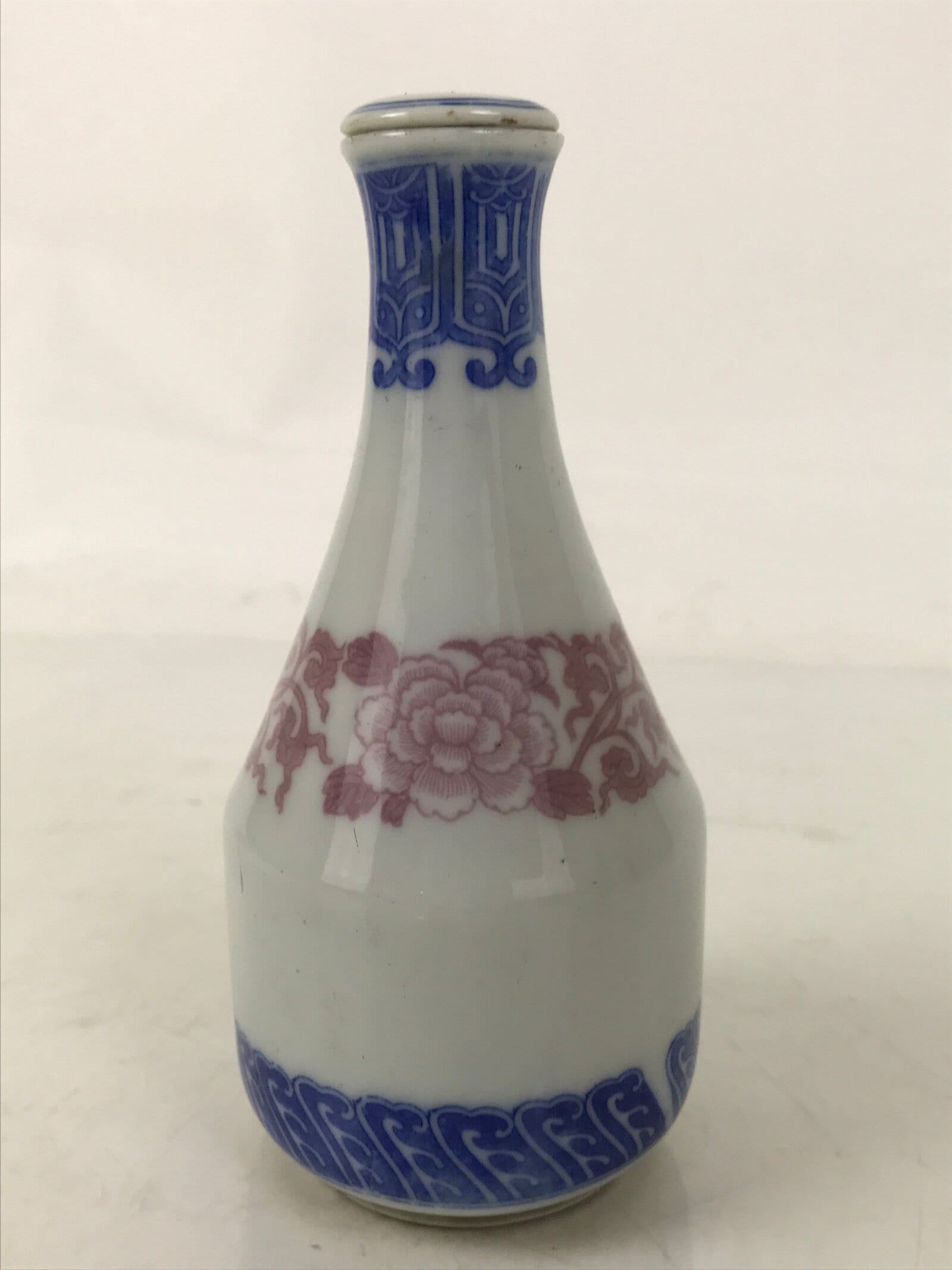 Japanese Lidded Porcelain Sake Bottle Tokkuri Vtg Sometsuke Pink Peony TS832