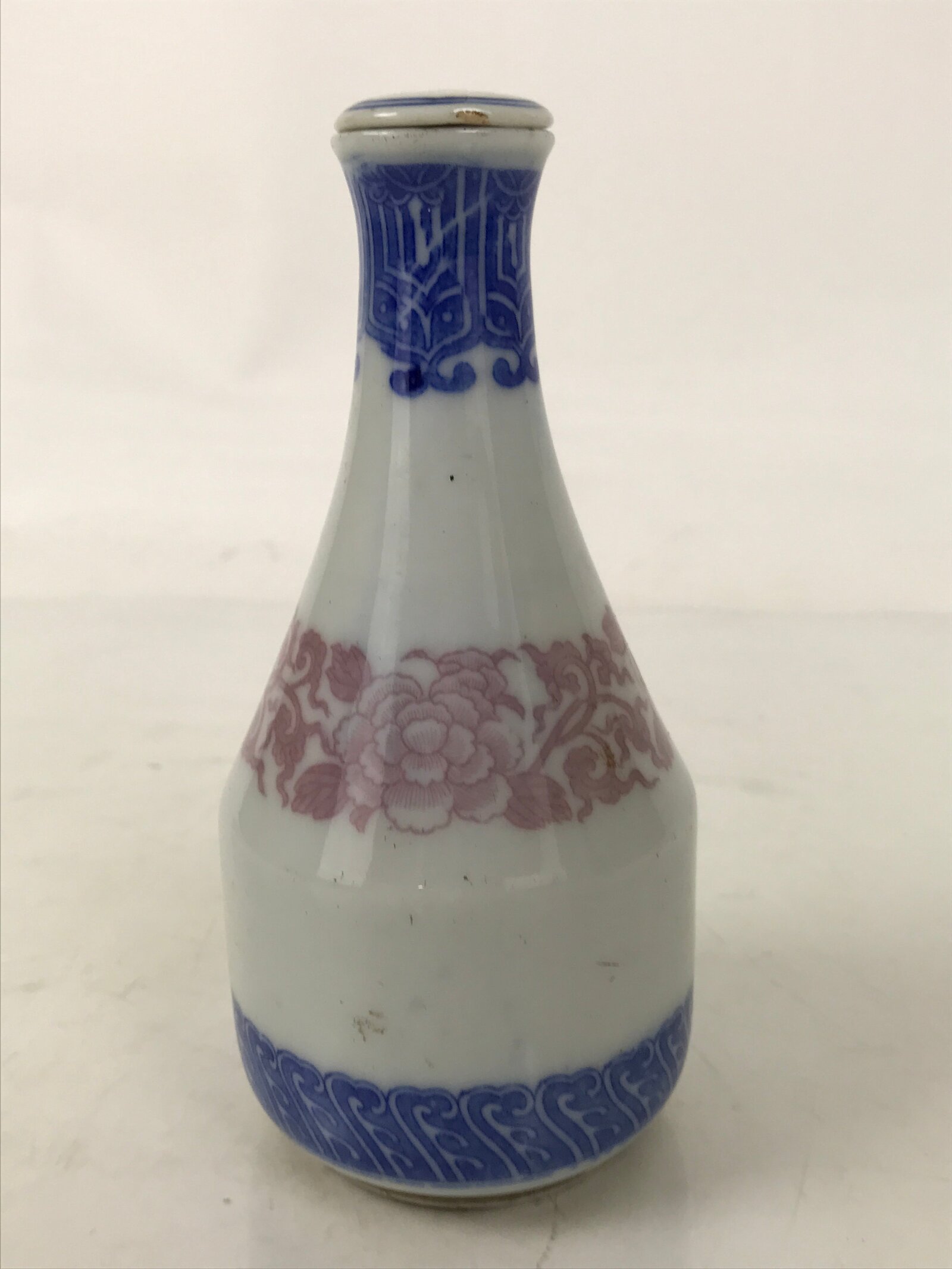 Japanese Lidded Porcelain Sake Bottle Tokkuri Vtg Sometsuke Pink Peony TS832