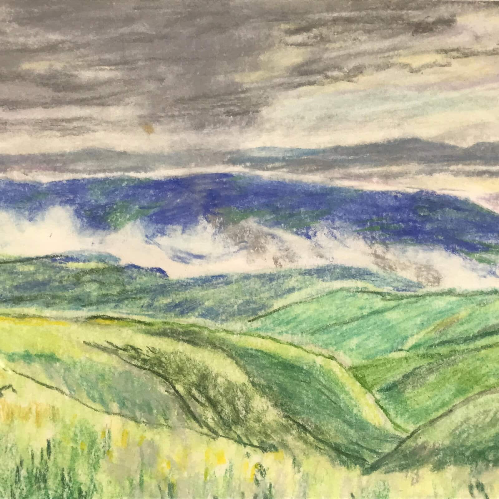 Japanese Lush Mountain Landscape Pastel Drawing Original Art Unsigned FL312