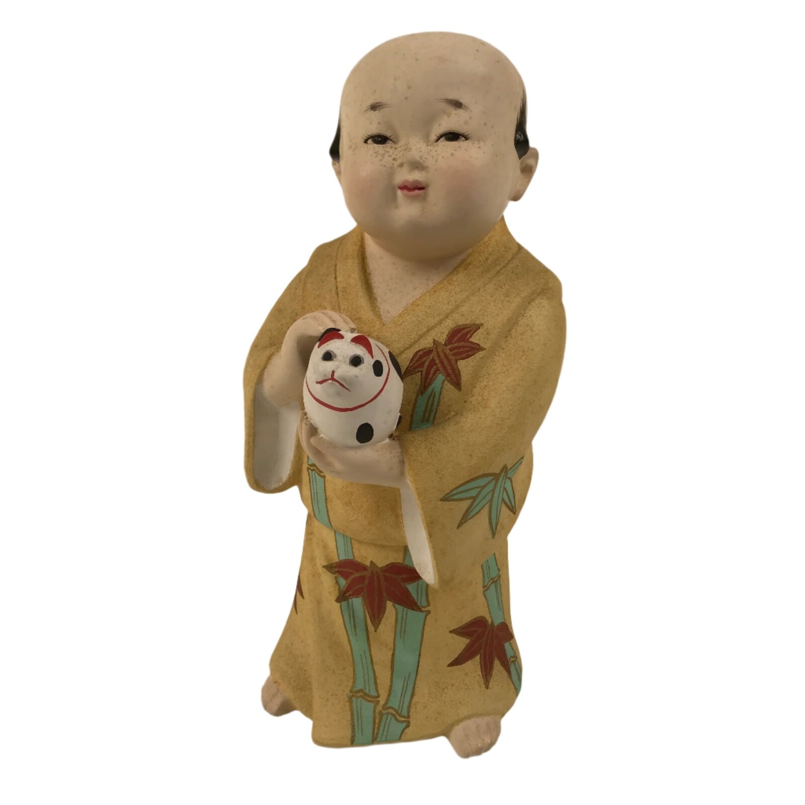 Japanese Man Petting Dog Clay Doll Vtg Ningyo Figurine Kimono Yellow ST43