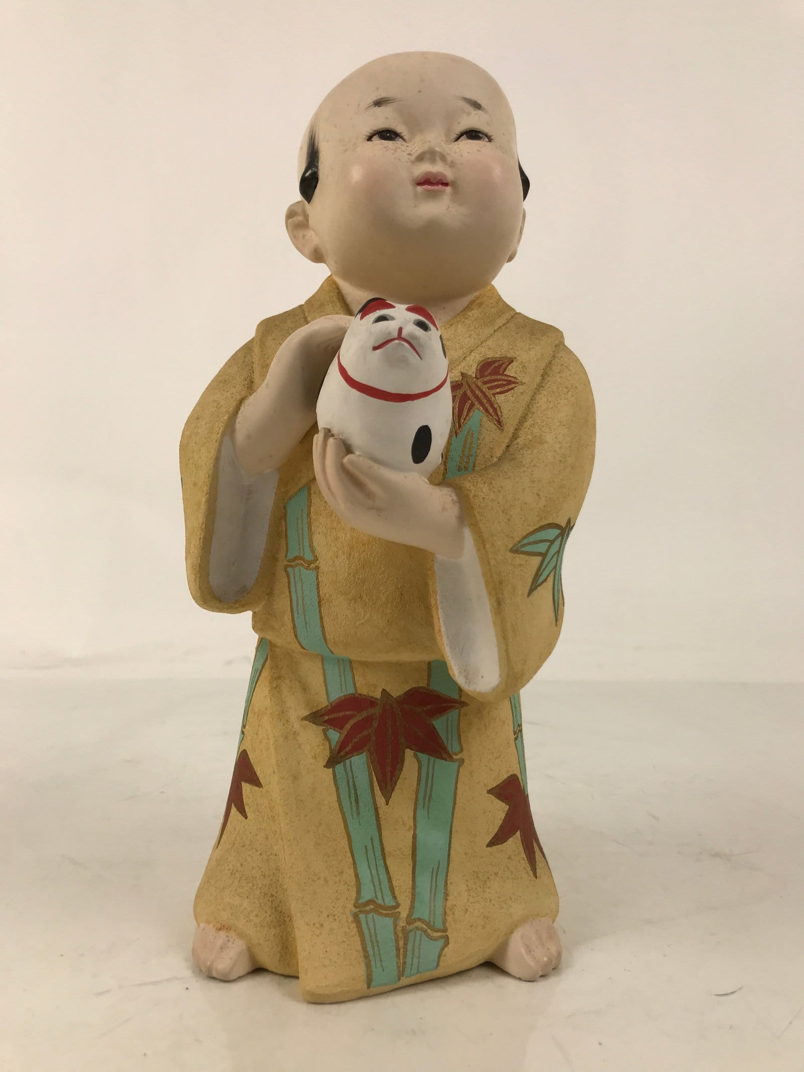 Japanese Man Petting Dog Clay Doll Vtg Ningyo Figurine Kimono Yellow ST43