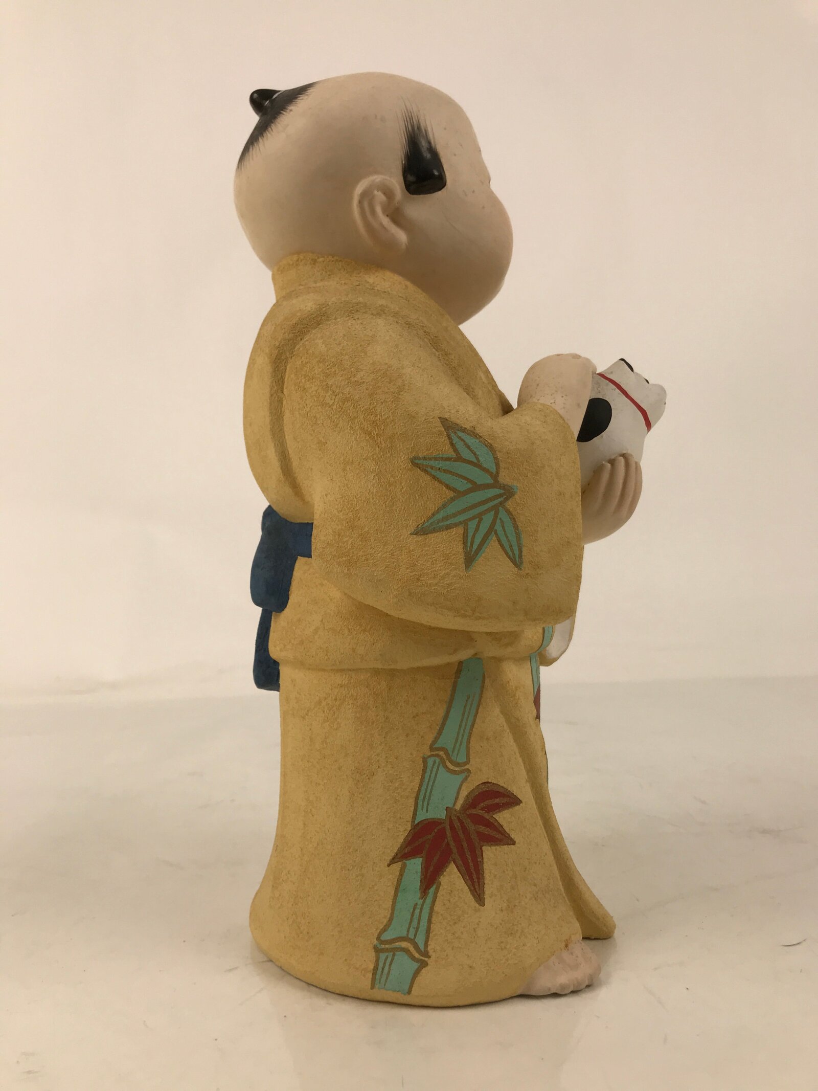 Japanese Man Petting Dog Clay Doll Vtg Ningyo Figurine Kimono Yellow ST43