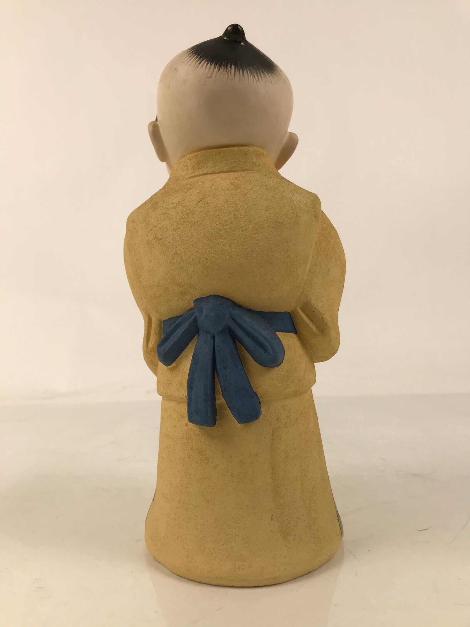Japanese Man Petting Dog Clay Doll Vtg Ningyo Figurine Kimono Yellow ST43