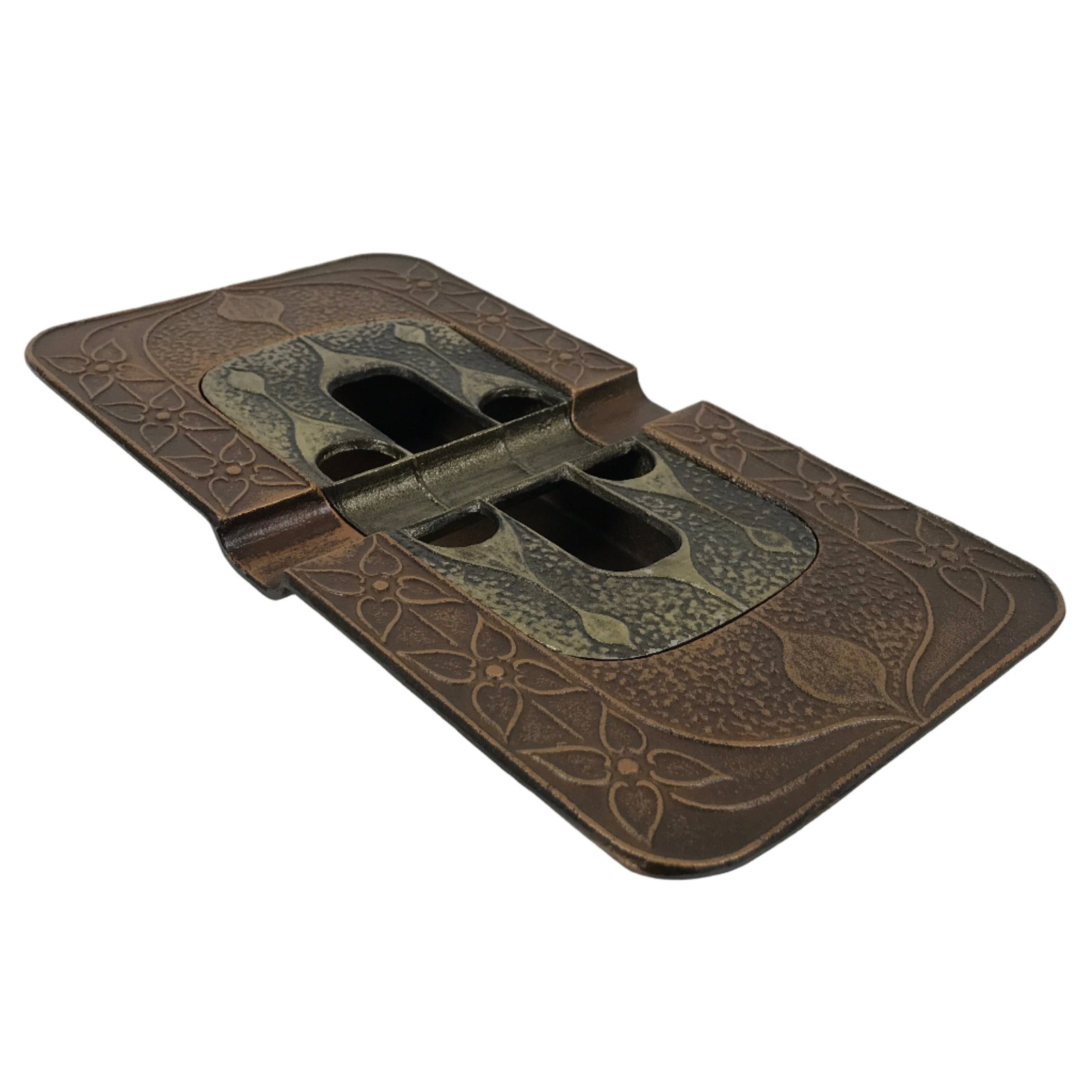 Japanese Metal Ashtray Vtg Haizara Rectangle Cast Iron Brown Floral Leaf JK925