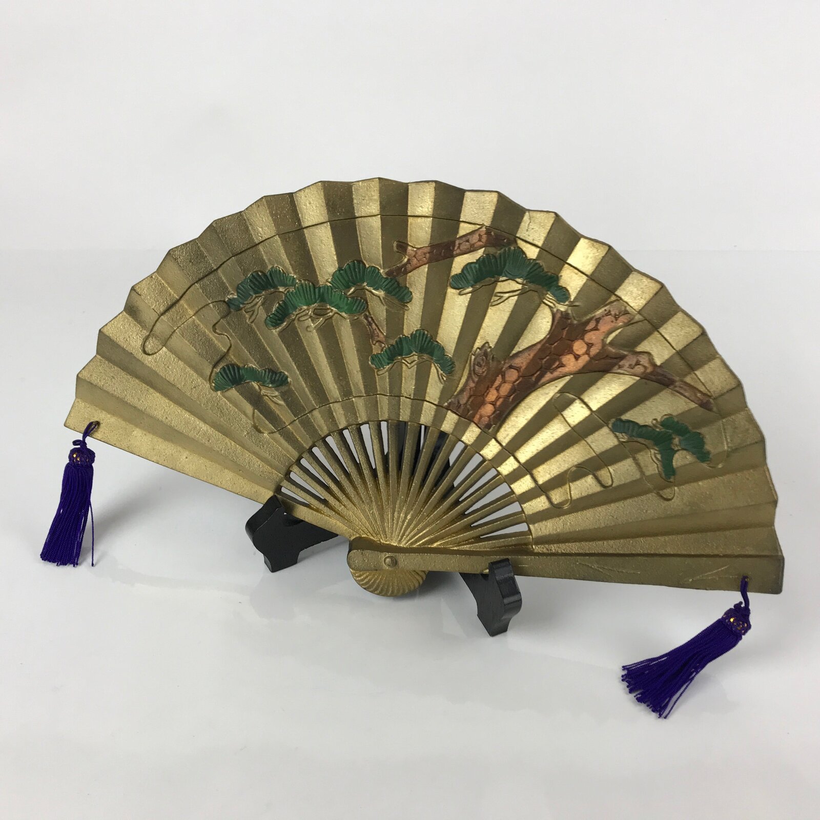 Japanese Metal Folding Fan Sensu Vtg Stand Purple Tassel Pine Matsu Gold BD977