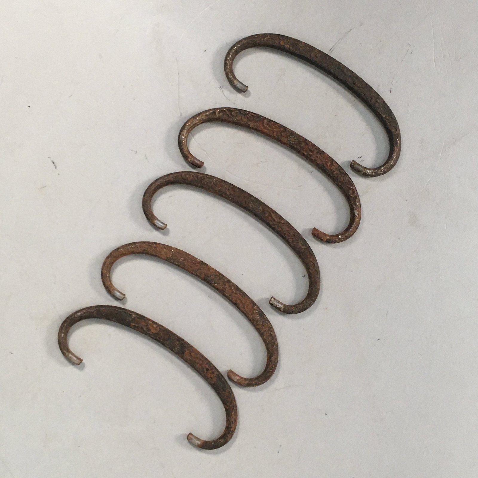 Japanese Metal Parts Chest Tansu Vtg Iron Handle 5pc Set Floral Relief JK151