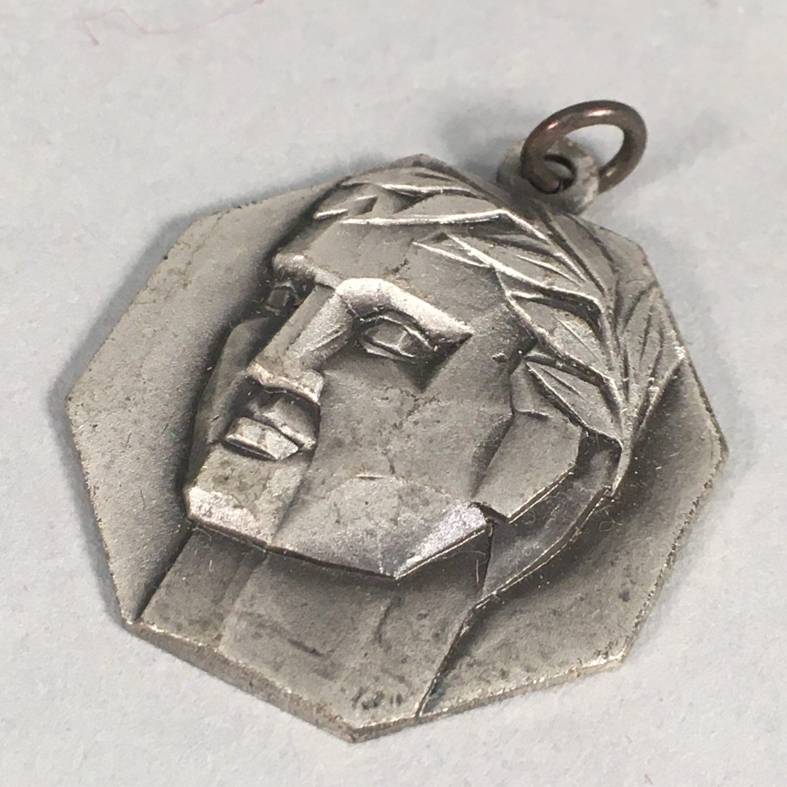 Japanese Metal Pendant Vtg Man Head Relief Newspaper Award Kanji JK98