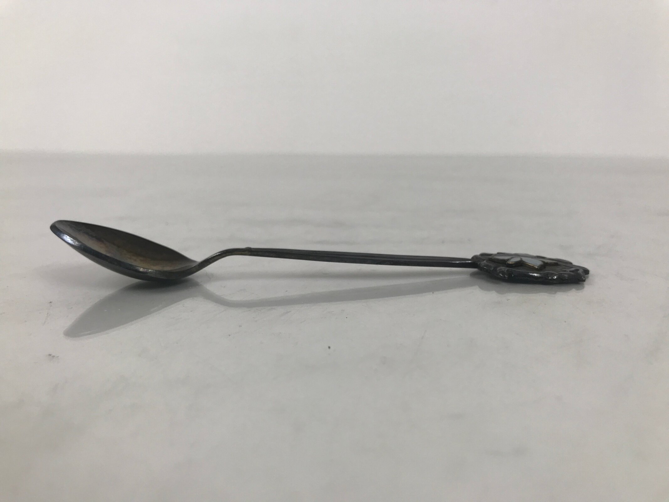 Japanese Metal Spoon Vtg Teaspoon Small Coffee Silver Emblem Blue Enamel JK928