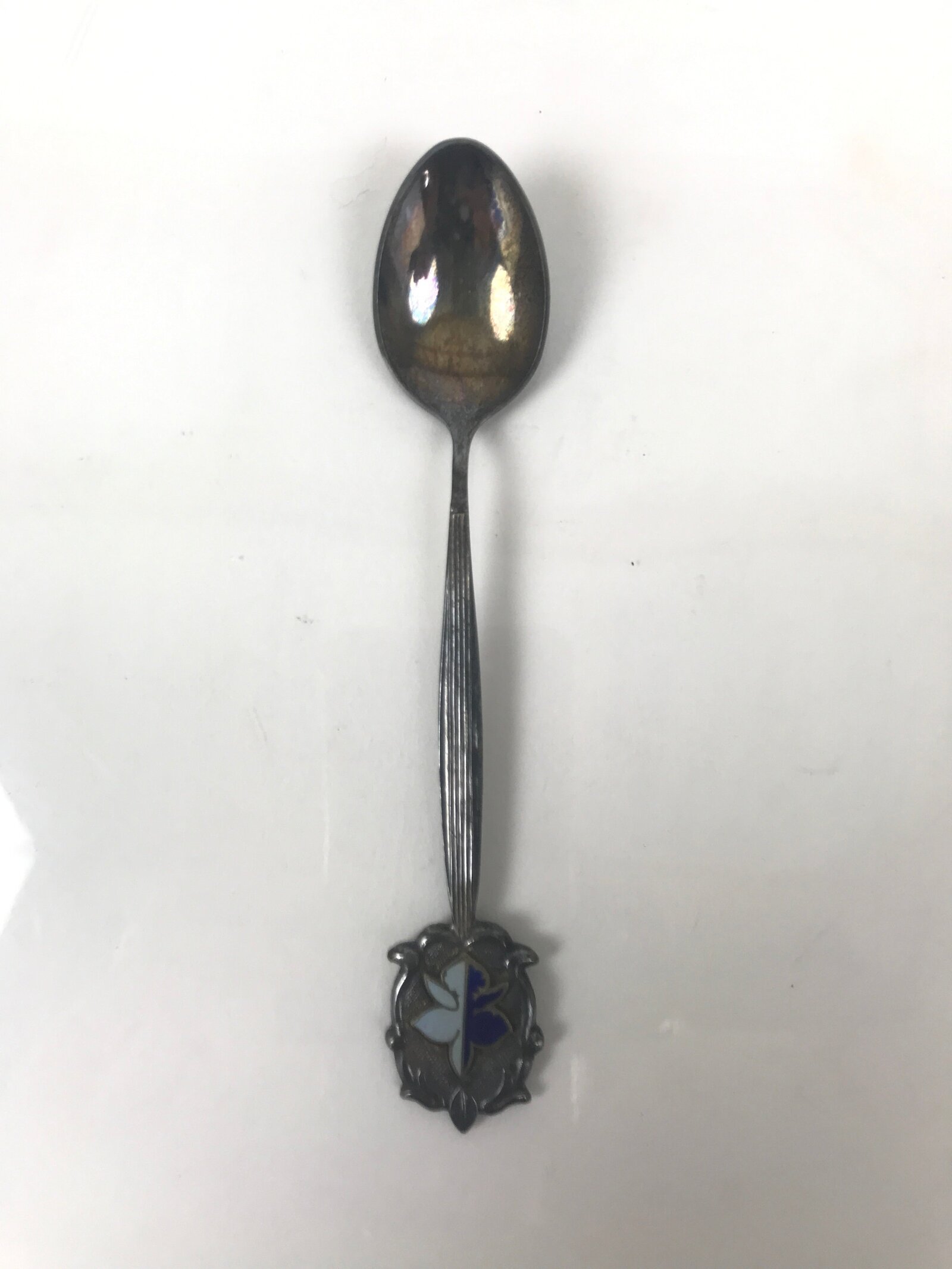 Japanese Metal Spoon Vtg Teaspoon Small Coffee Silver Emblem Blue Enamel JK928