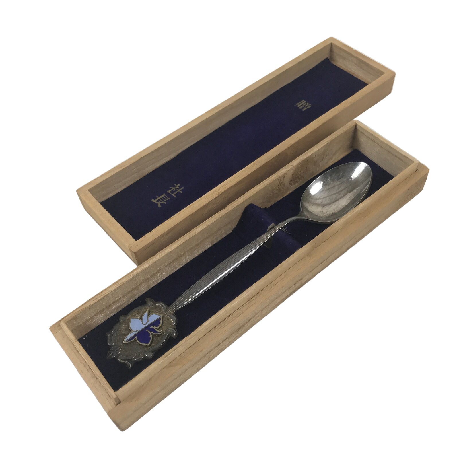 Japanese Metal Spoon Vtg Teaspoon Small Coffee Silver Emblem Wooden Box JK931