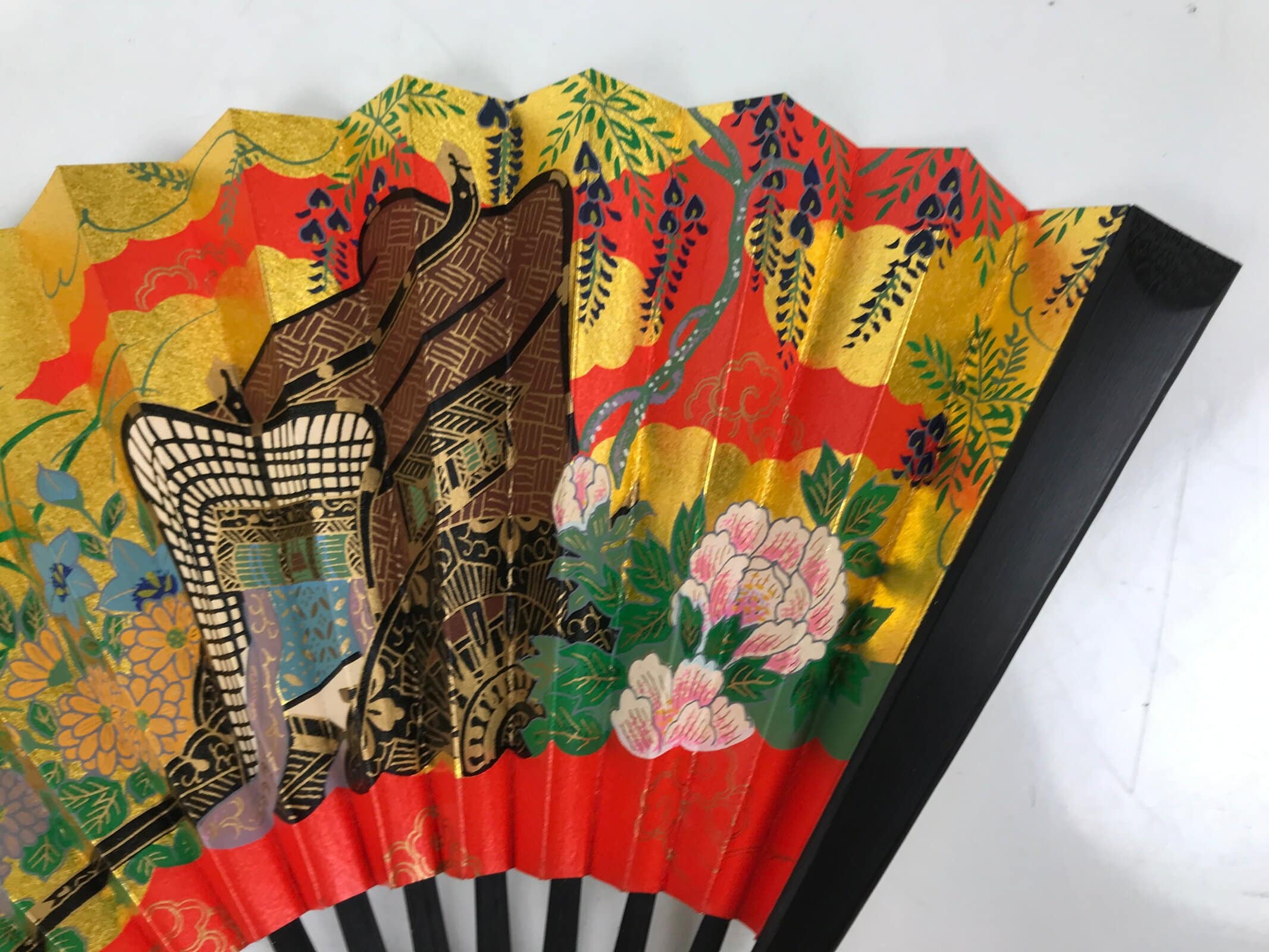 Japanese Miniature Folding Fan w/Stand Vtg Royal Carriage Kago Cart Red Gold 4D881