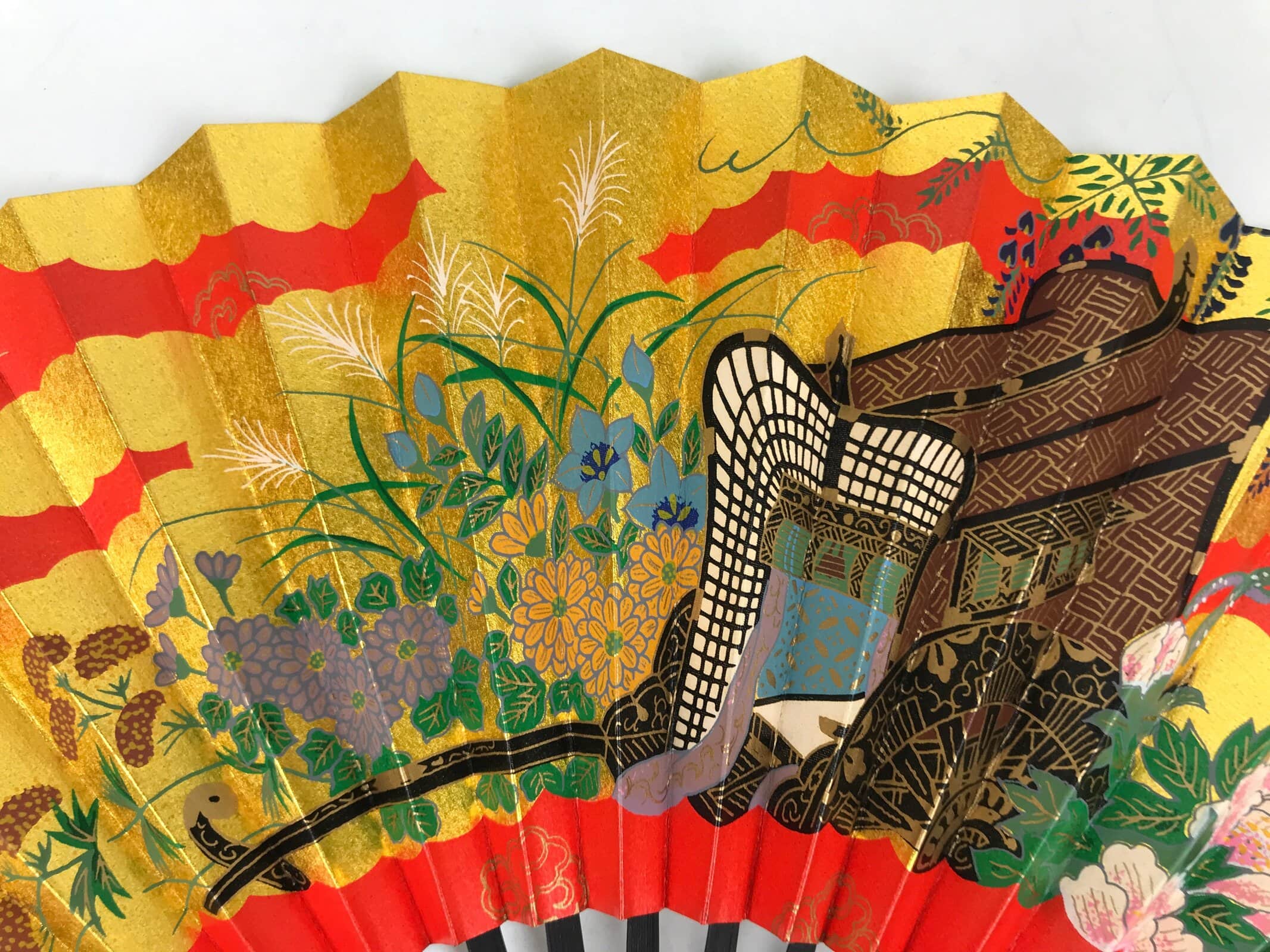 Japanese Miniature Folding Fan w/Stand Vtg Royal Carriage Kago Cart Red Gold 4D881