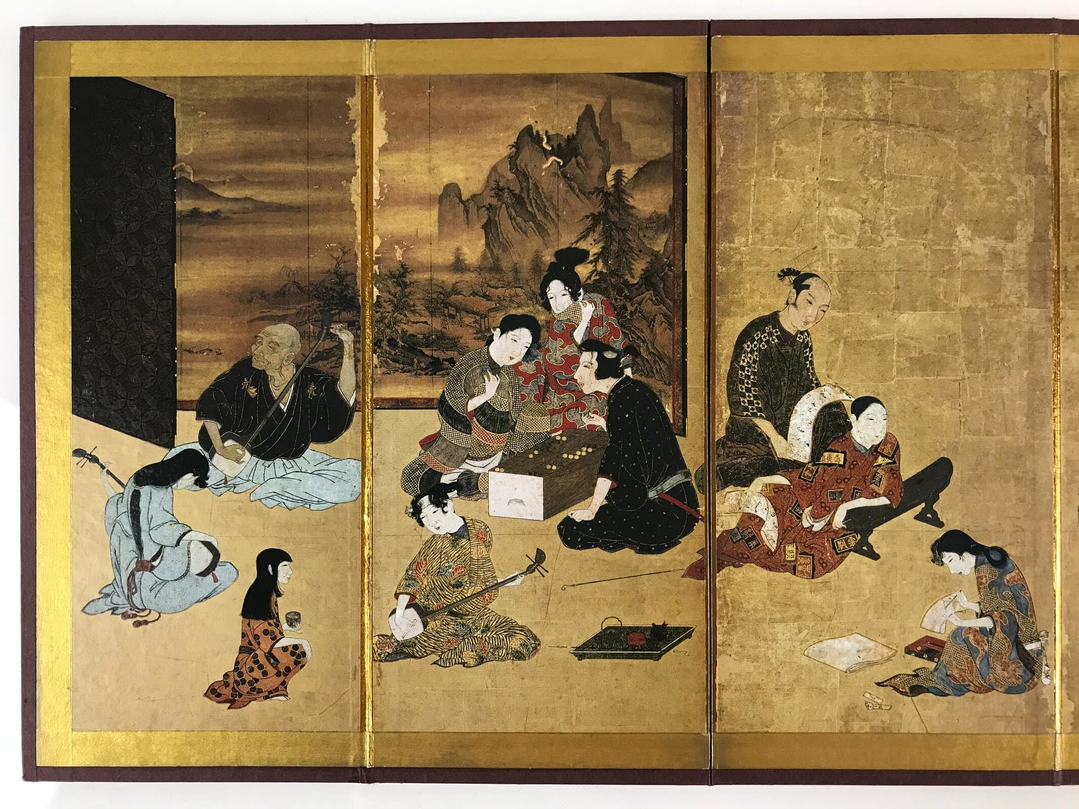 Japanese Miniature Furniture Hikone Byobu Vtg Gold Folding Screen Panel PX633