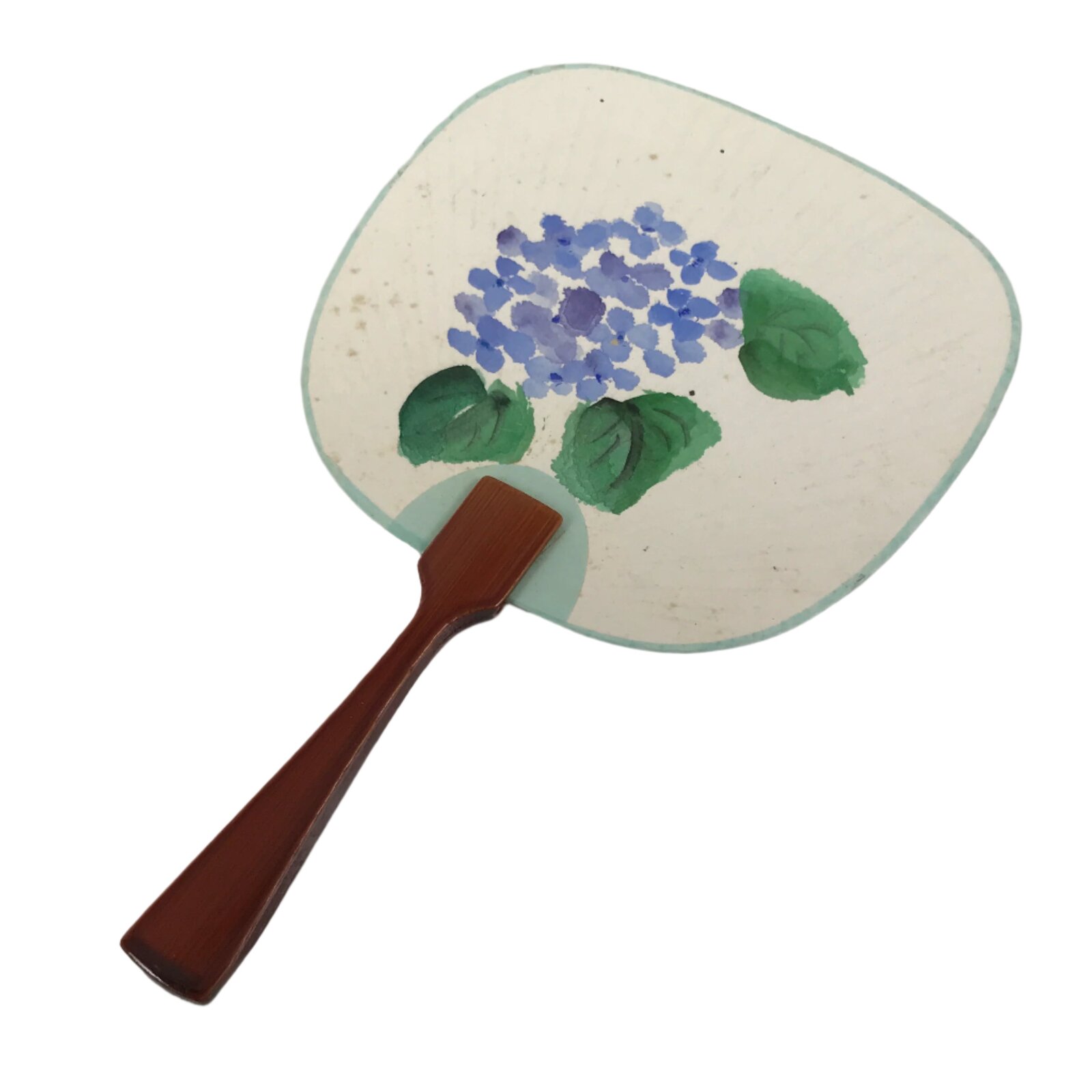 Japanese Miniature Paper Fan Uchiwa Vtg Lacquer Handle Purple Hydrangea U192