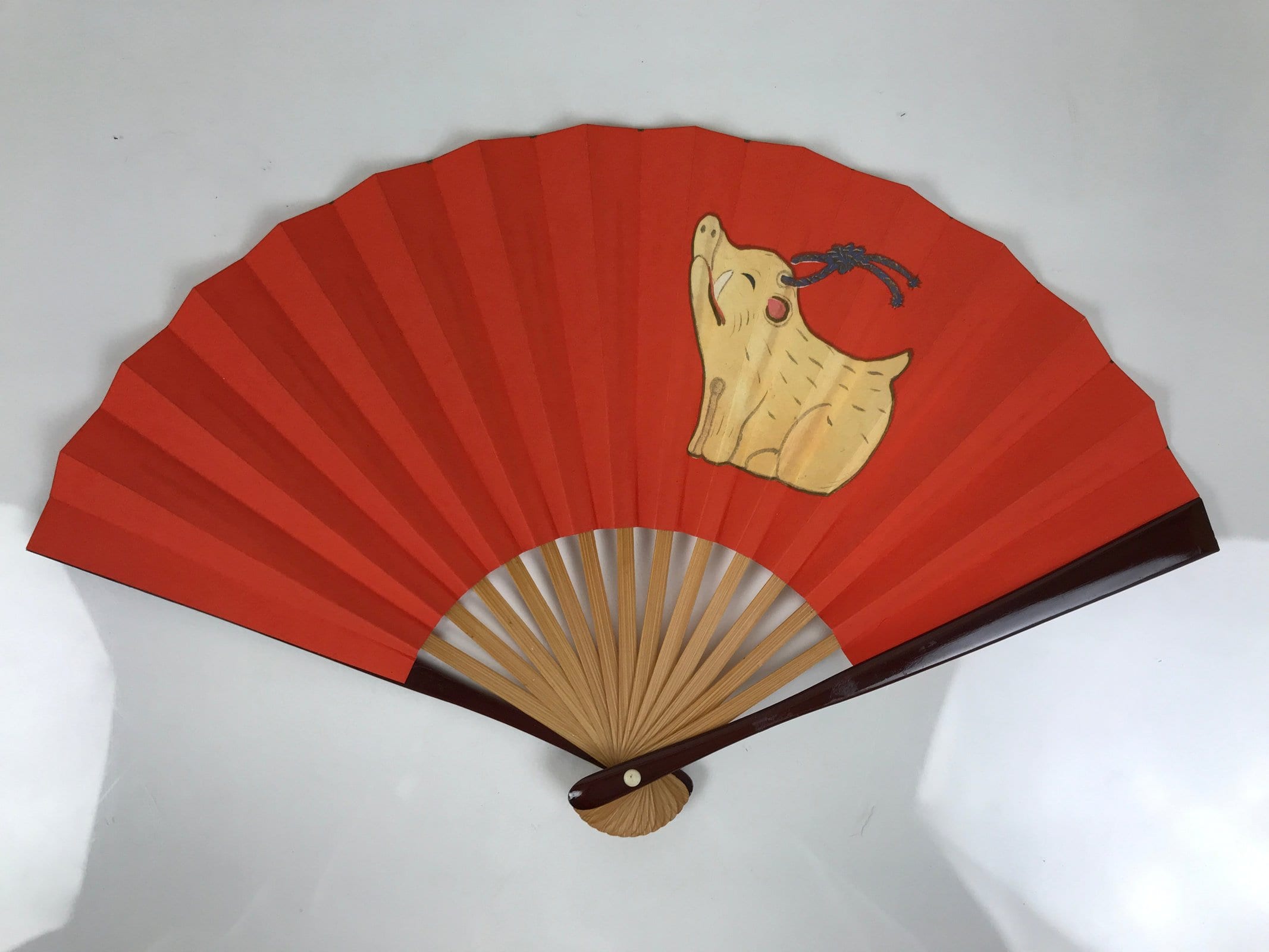 Japanese Miniature Paper Folding Fan Sensu Bamboo Frame Boar Inoshishi Red 4D968