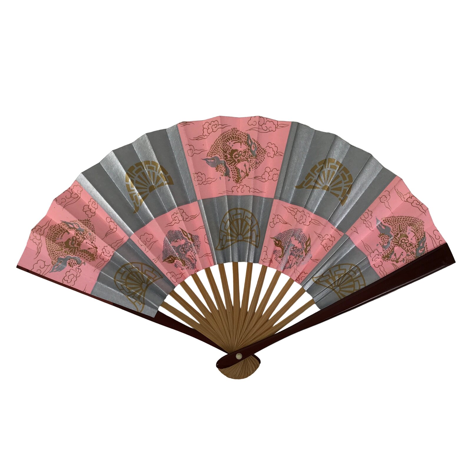Japanese Miniature Paper Folding Fan Sensu Bamboo Frame Pink Silver Dragon 4D963