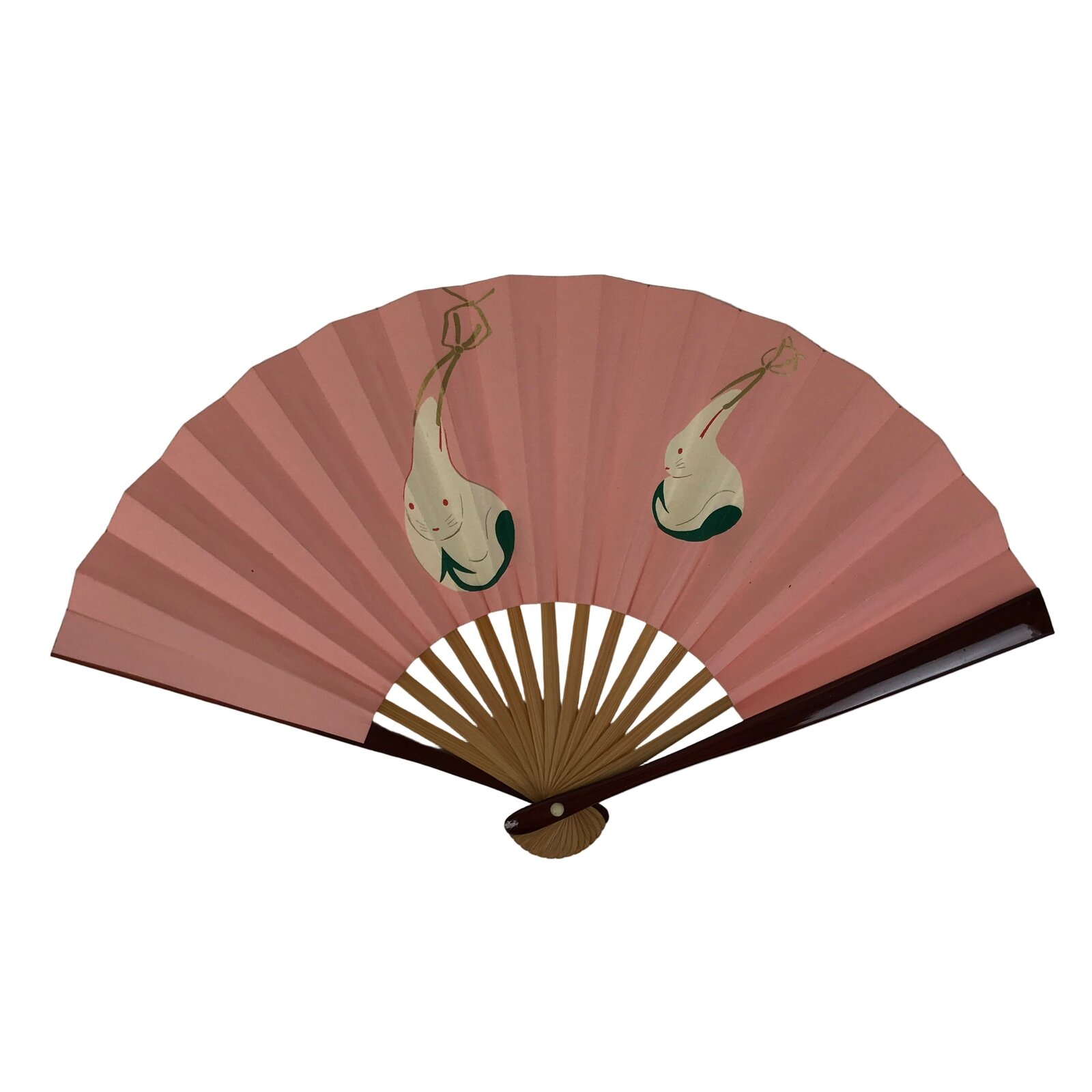 Japanese Miniature Paper Folding Fan Sensu Bamboo Frame Pink White Rabbits 4D964