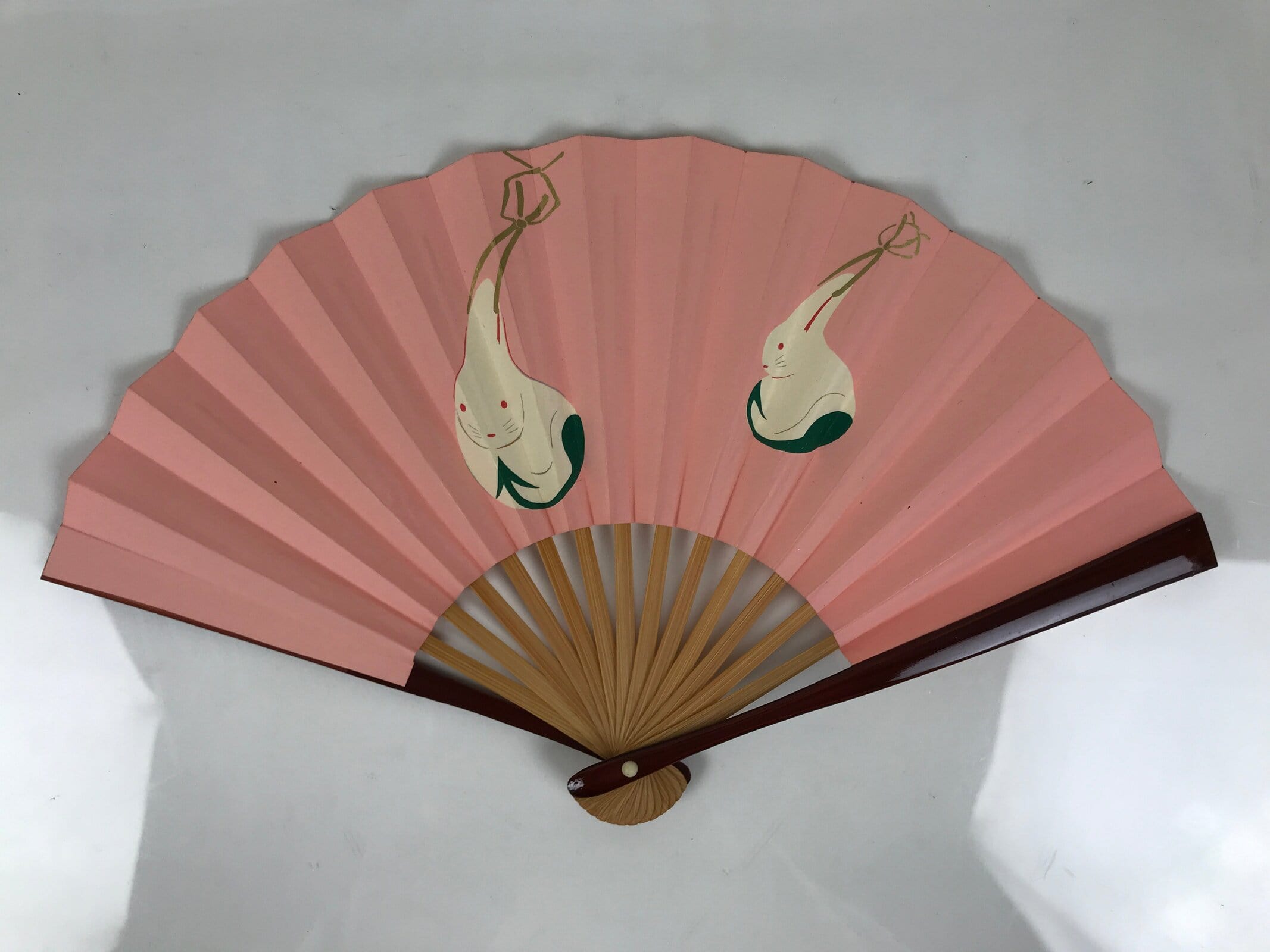 Japanese Miniature Paper Folding Fan Sensu Bamboo Frame Pink White Rabbits 4D964
