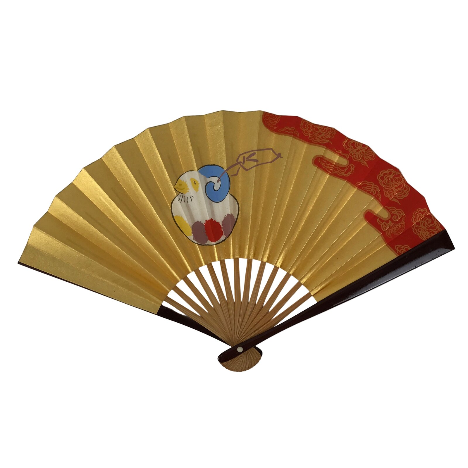 Japanese Miniature Paper Folding Fan Sensu Bamboo Frame Sheep Hitsuji Gold 4D966