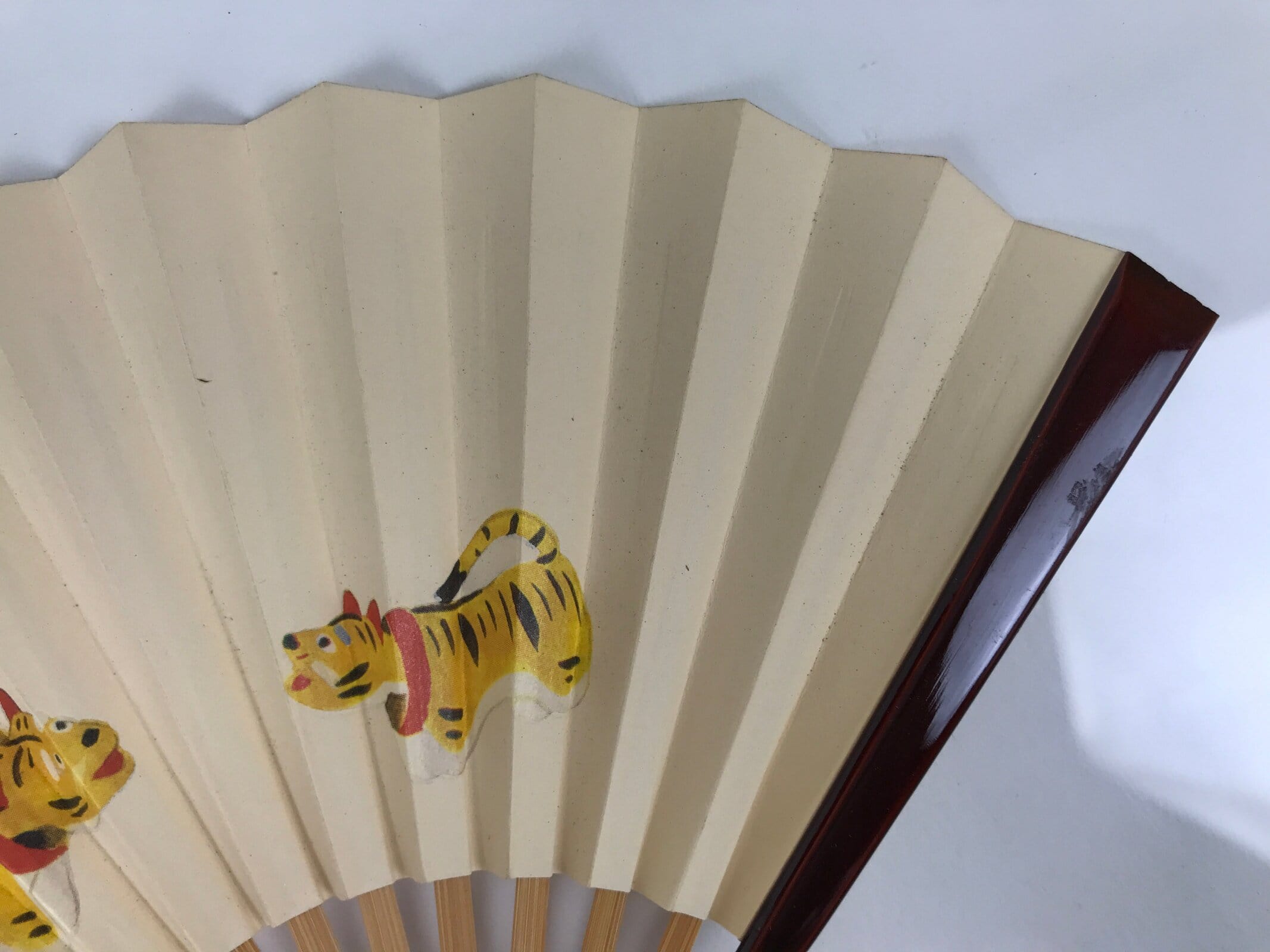 Japanese Miniature Paper Folding Fan Sensu Bamboo Frame Yellow Tiger Toy 4D965