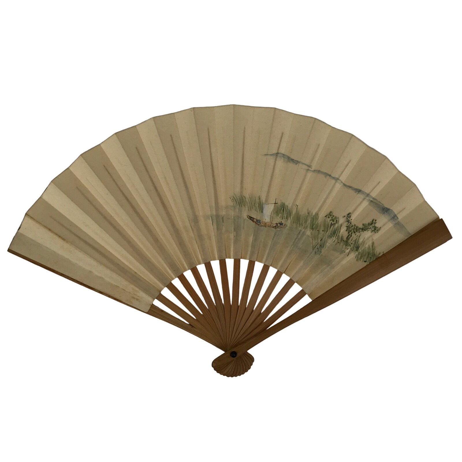 Japanese Miniature Paper Folding Fan Sensu Vtg Bamboo Frame River Boat 4D962