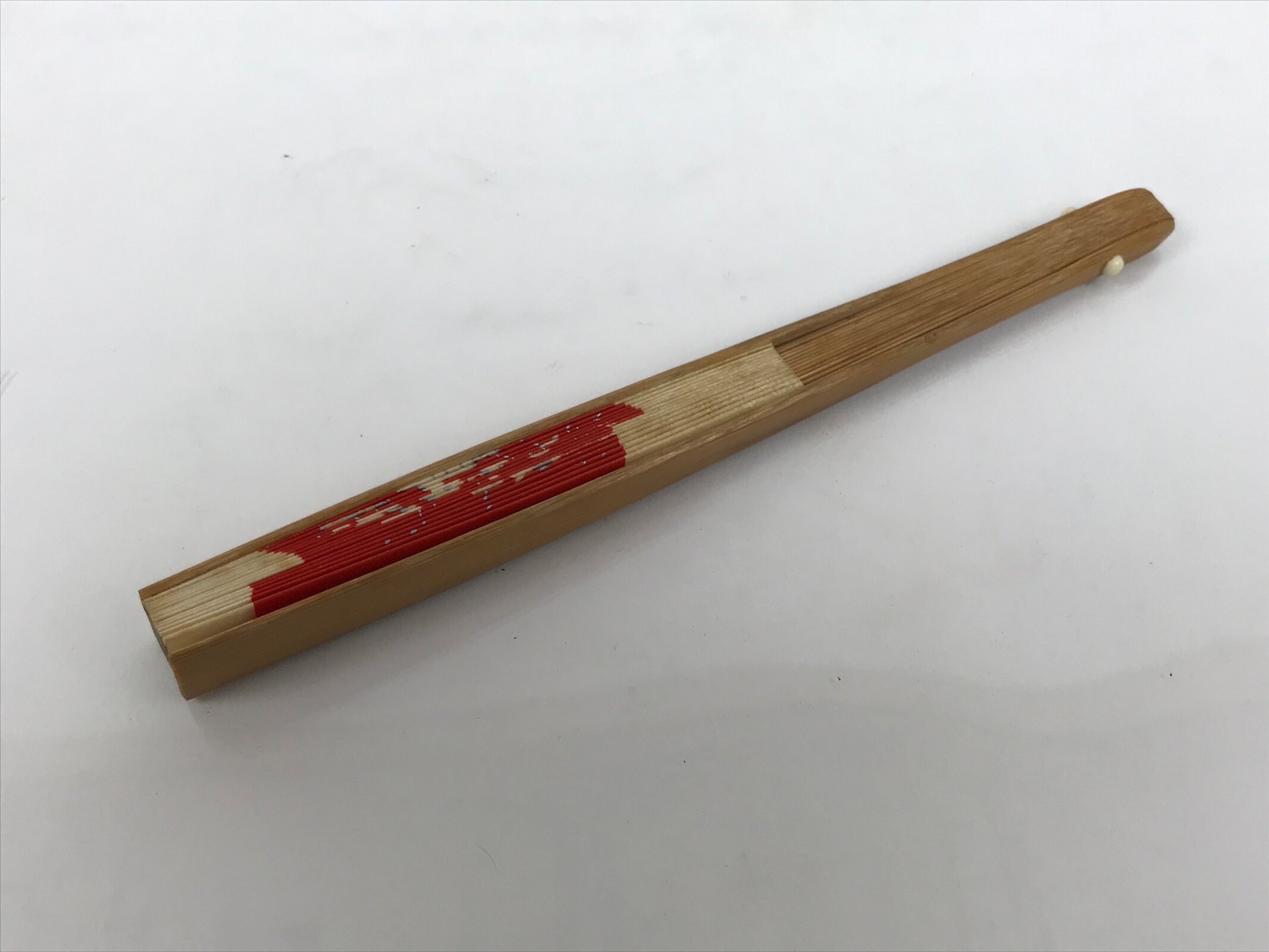 Japanese Miniature Paper Folding Fan Vtg Sensu Bamboo Frame Plum Pine Red 4D970