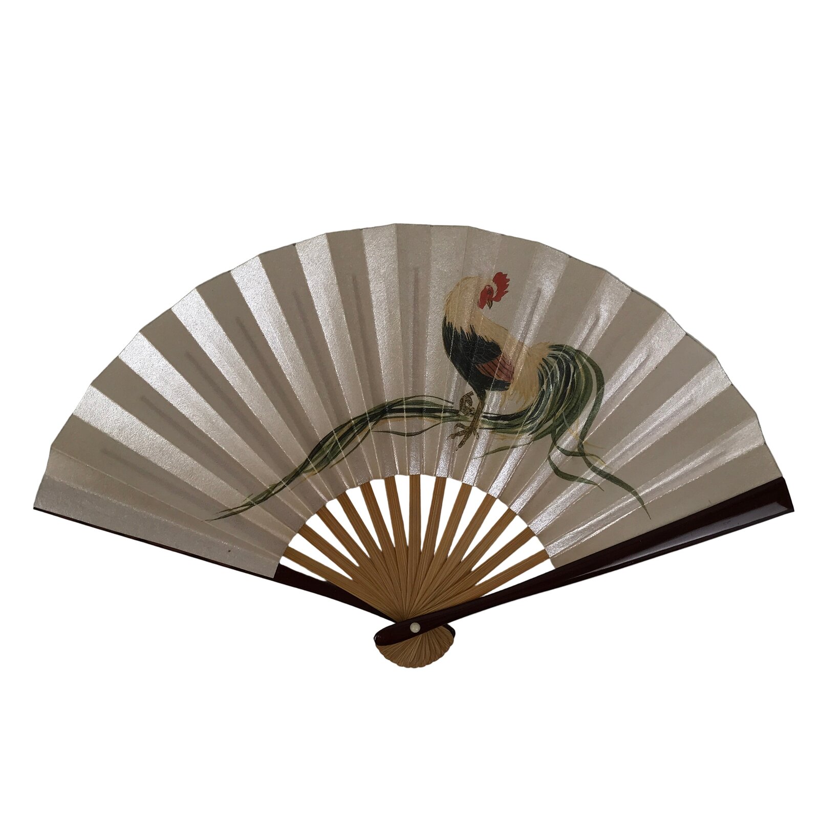 Japanese Miniature Paper Folding Fan Vtg Sensu Bamboo Frame Rooster Silver 4D969