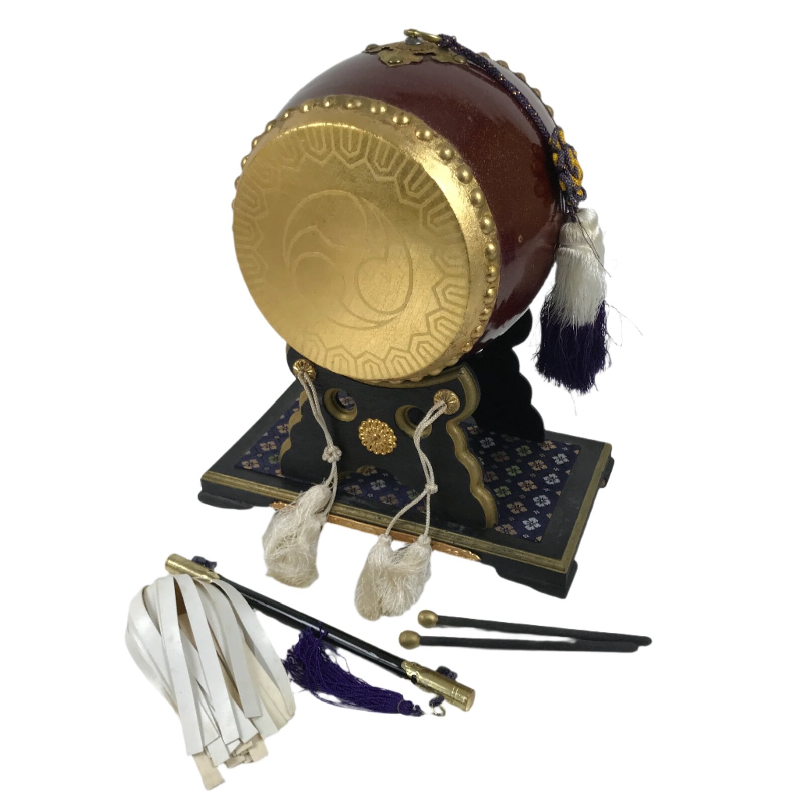 Japanese Miniature Taiko Drum Display Vtg Boys Day Stand Brown Gold Black ID622