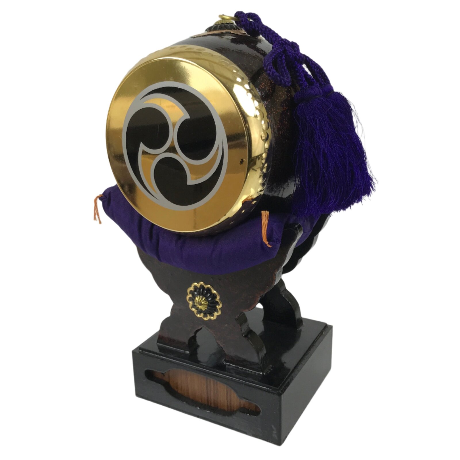 Japanese Miniature Taiko Drum Display Vtg Boys Day Stand Brown Gold Purple ID621