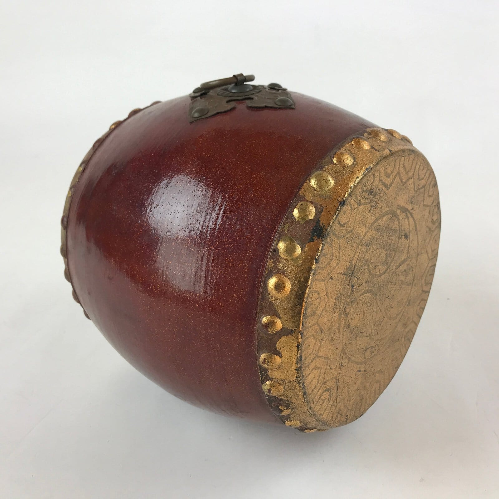 Japanese Miniature Wood Taiko Drum Display Vtg Boys' Day Family Crest Gold ID519