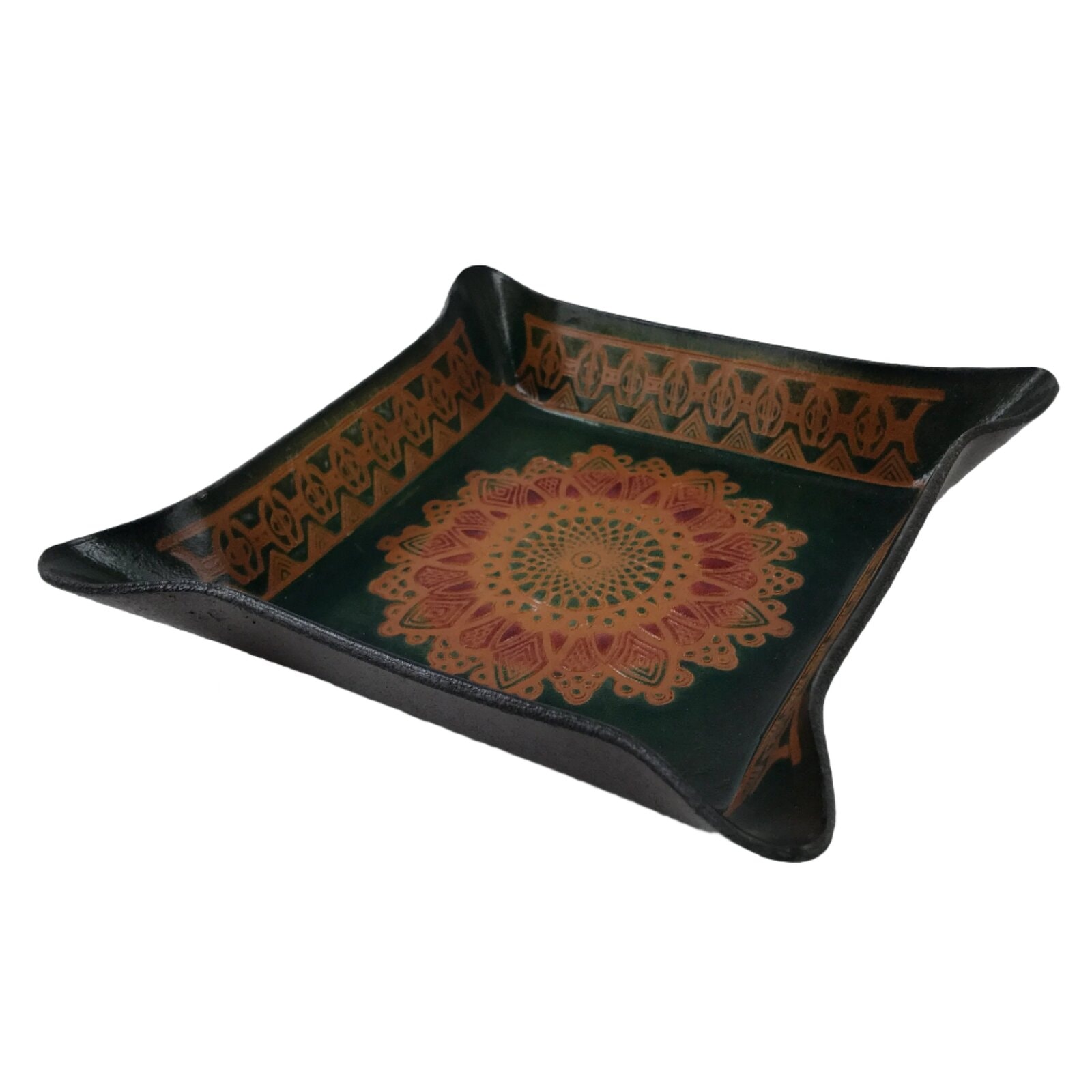 Japanese Molded Leather Trinket Tray Vtg Mandala Square Brown Green Red JK788