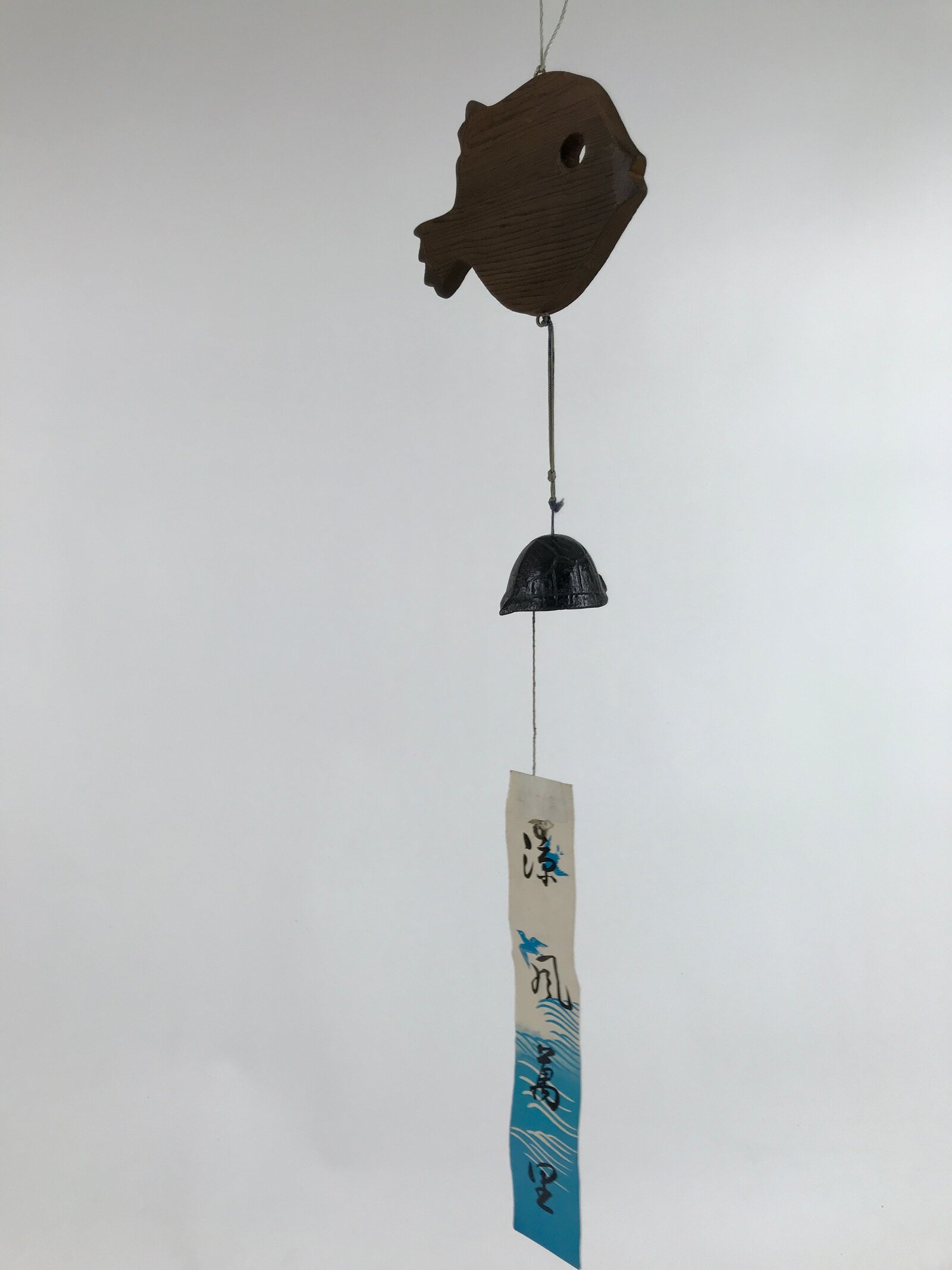 Japanese Nanbu Iron Furin Wind Chime Tetsurin Vtg Bell Wood Pufferfish DR531