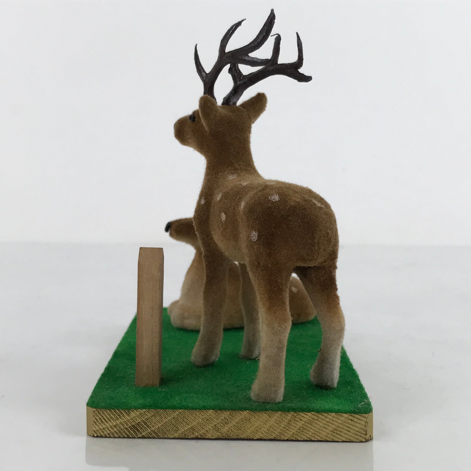 Japanese Nara Deer Park Souvenir Figurine Vtg Brown Green Wood Stand KF694