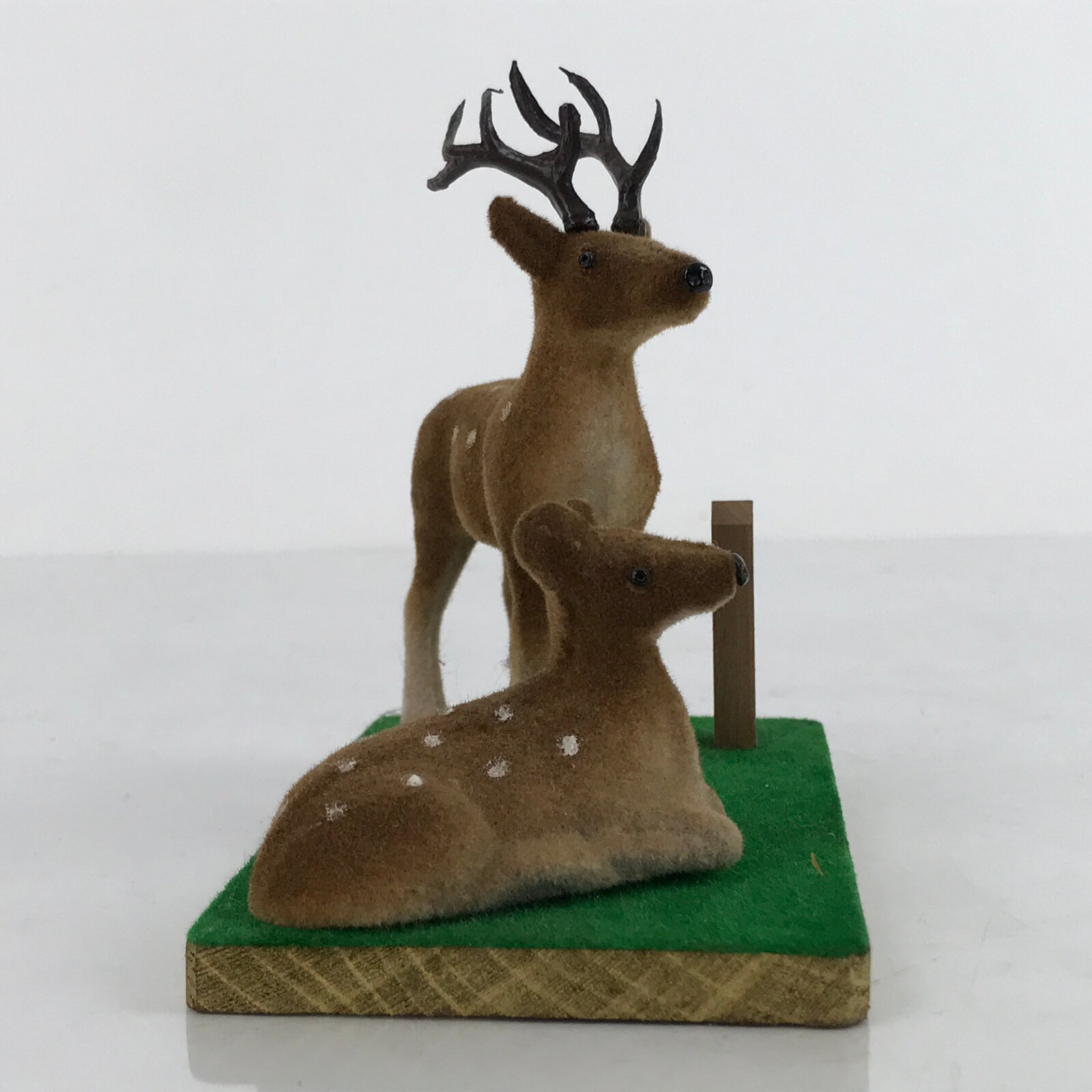 Japanese Nara Deer Park Souvenir Figurine Vtg Brown Green Wood Stand KF694