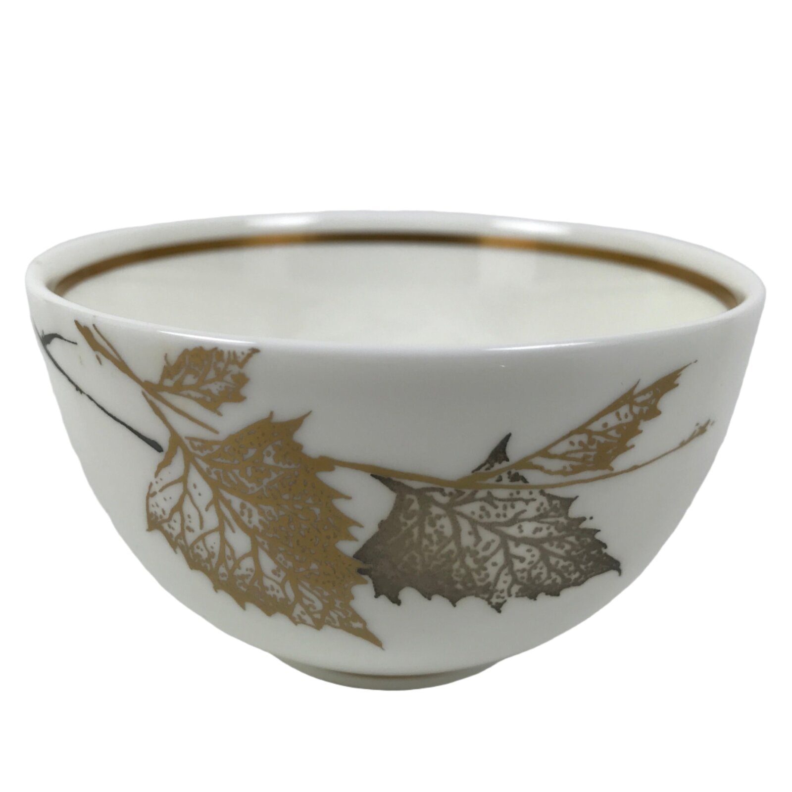 Japanese Narumi Porcelain Yunomi Teacup Pottery Vtg White Brown Gold Leaf TC615