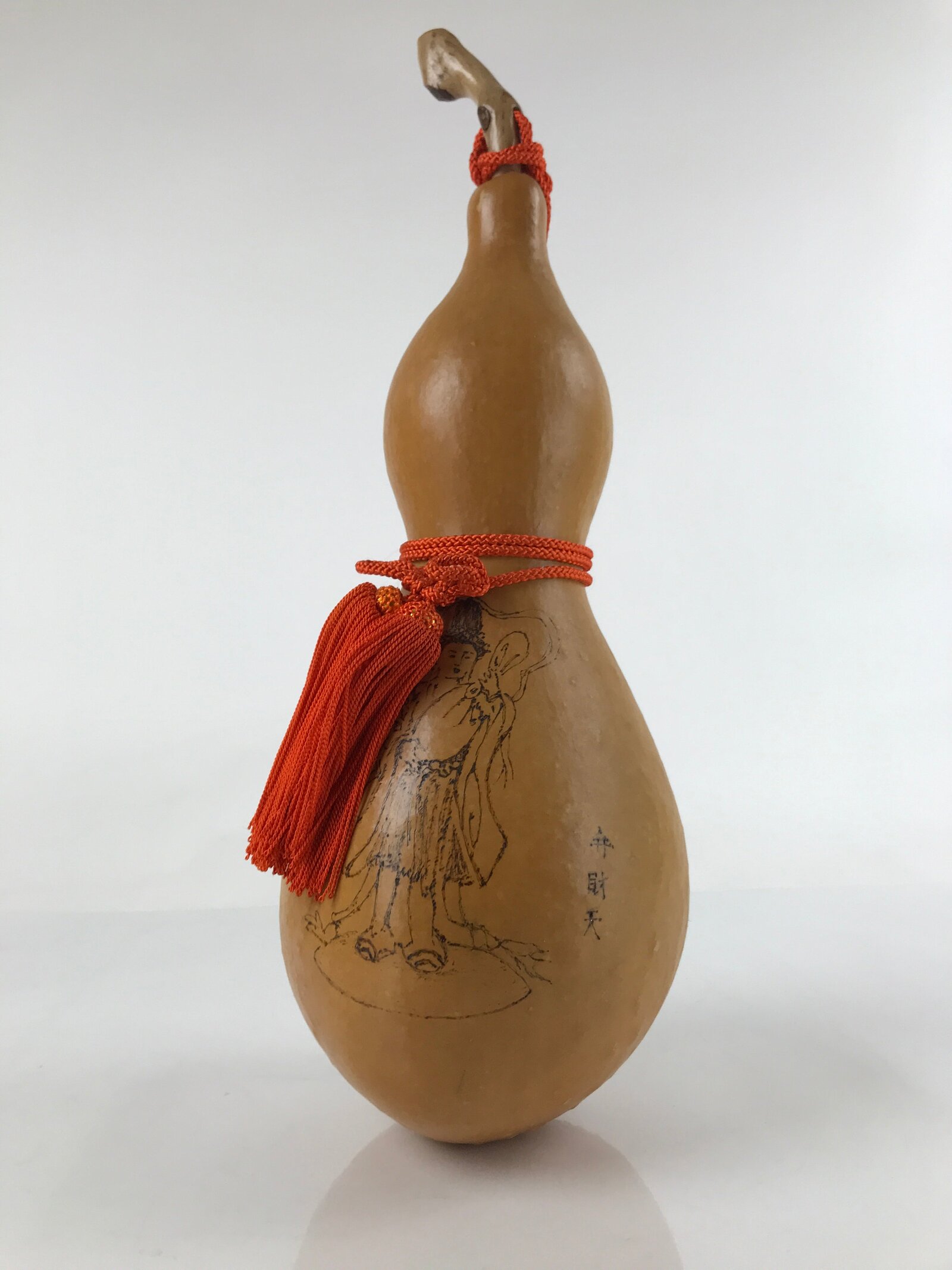 Japanese Natural Hyotan Gourd Vtg Sake Bottle Benzaiten Seven Lucky Gods G266