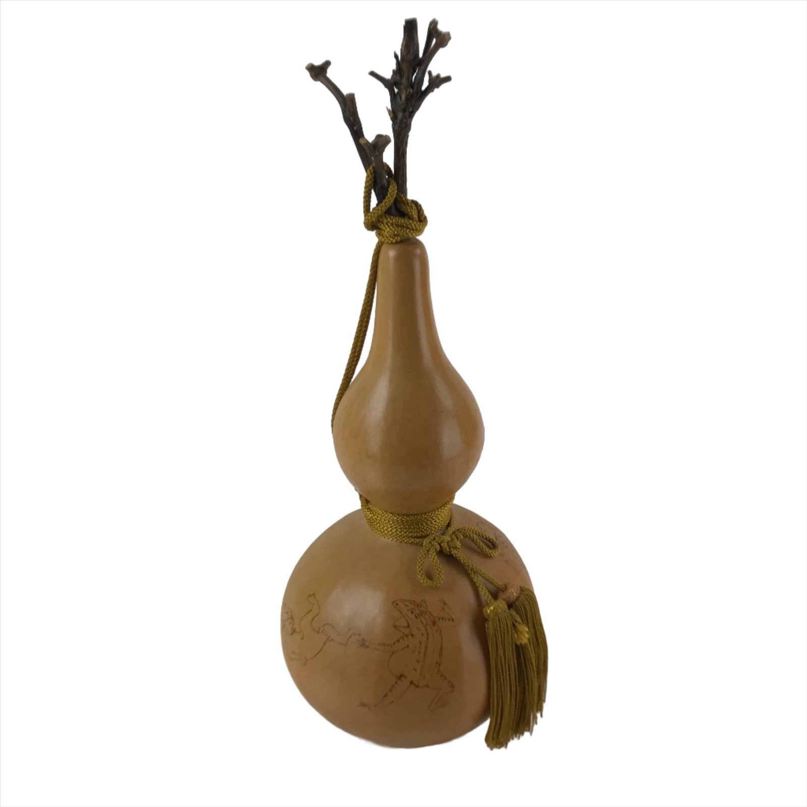 Japanese Natural Hyotan Gourd Vtg Sake Bottle Charm Frog Rabbit Lidded G261