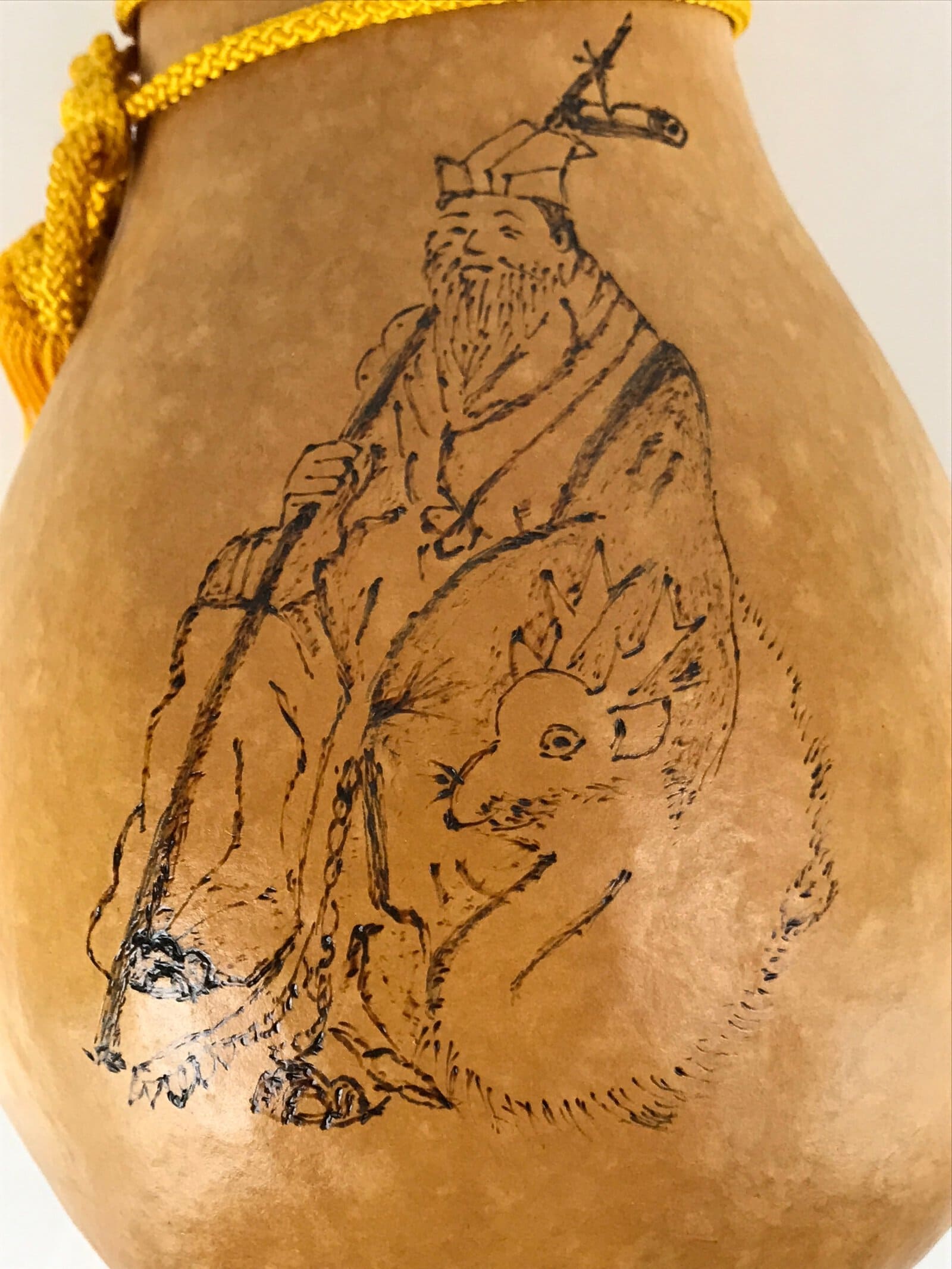 Japanese Natural Hyotan Gourd Vtg Sake Bottle Jurojin Seven Lucky Gods Lid G264