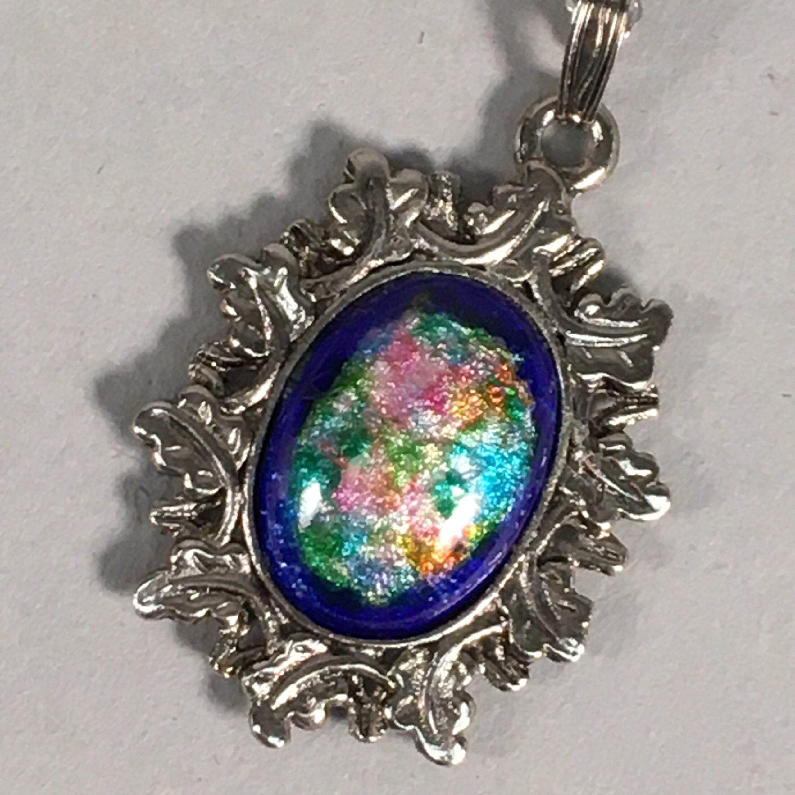 Japanese Necklace Cloisonne Oval Pendant Vtg Metal Glass Blue Silver JK54