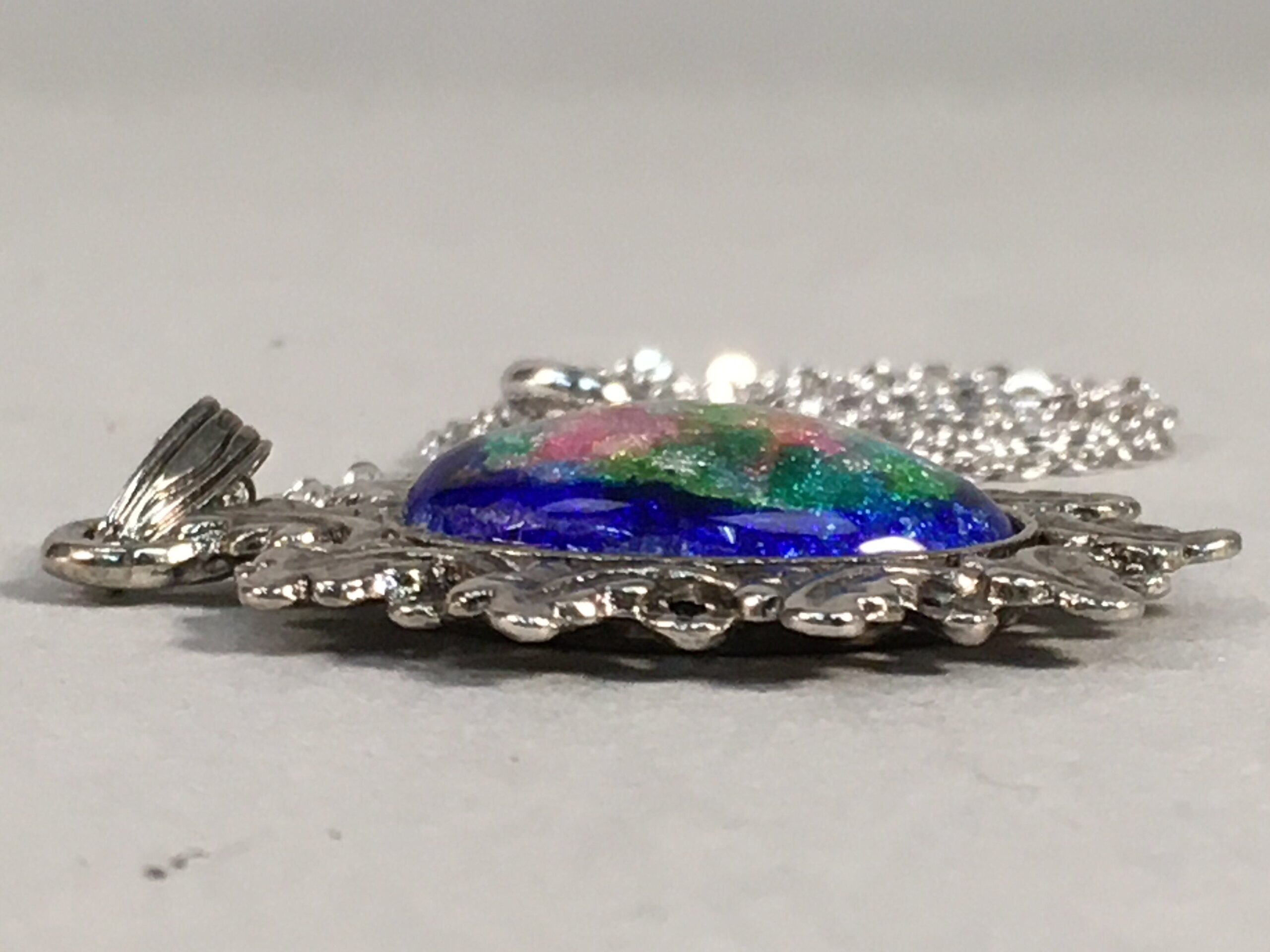 Japanese Necklace Cloisonne Oval Pendant Vtg Metal Glass Blue Silver JK54