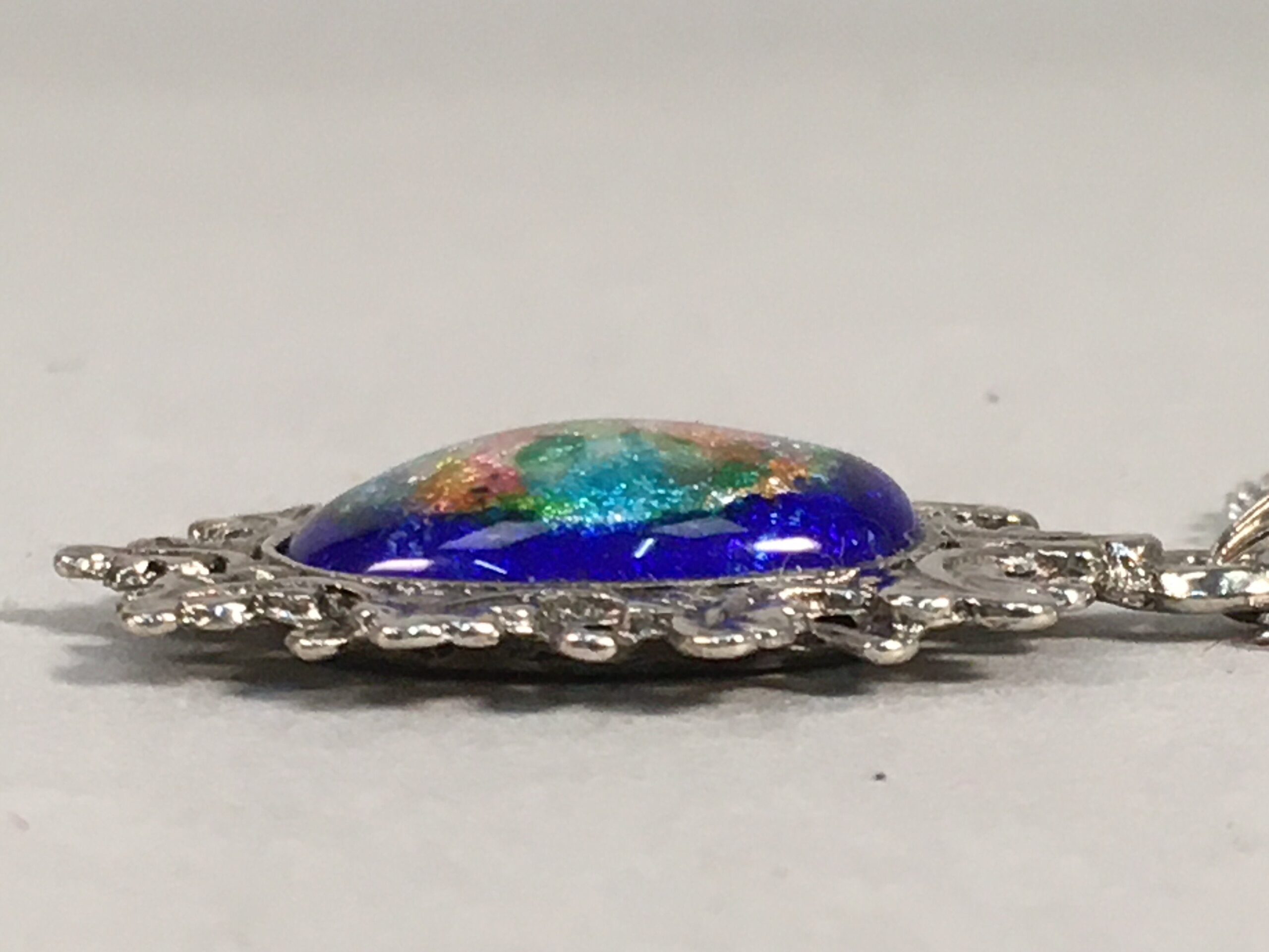 Japanese Necklace Cloisonne Oval Pendant Vtg Metal Glass Blue Silver JK54