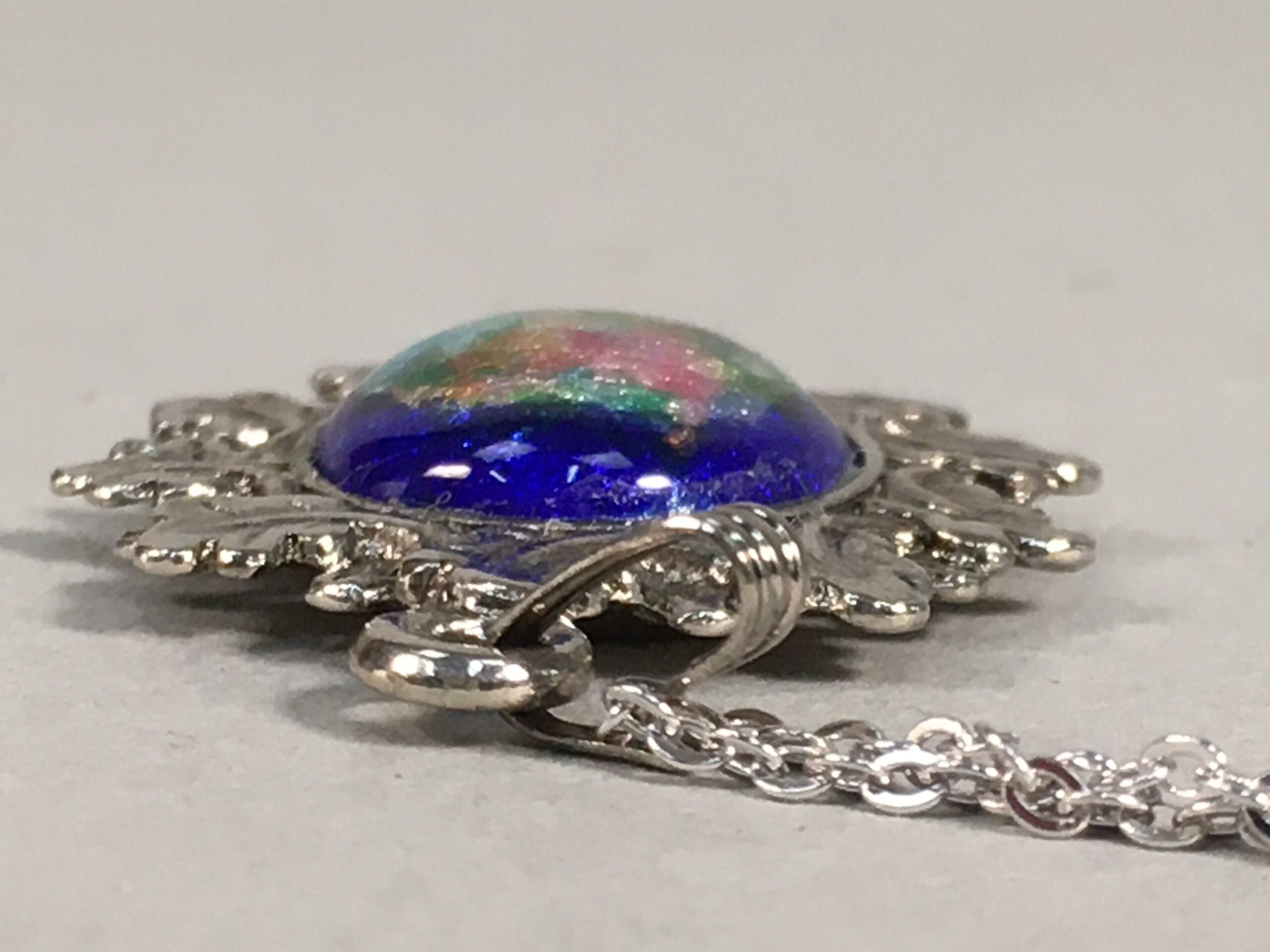 Japanese Necklace Cloisonne Oval Pendant Vtg Metal Glass Blue Silver JK54