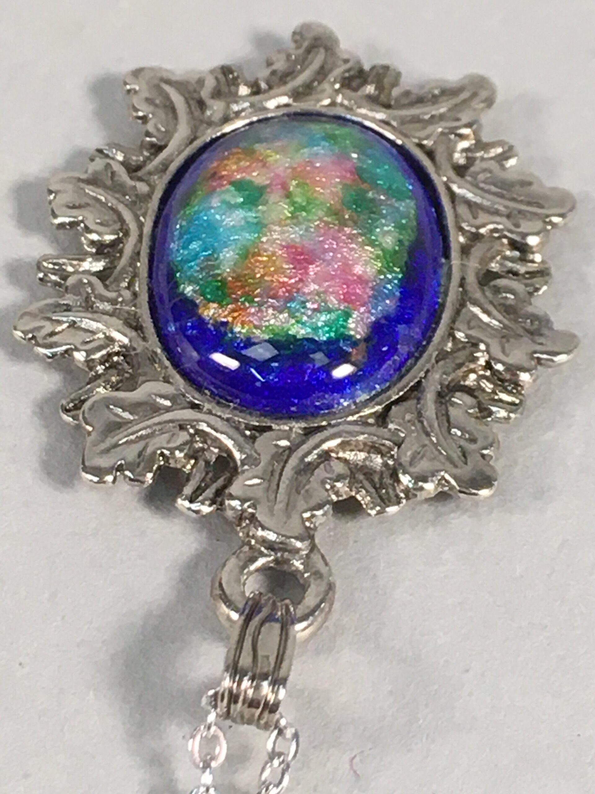 Japanese Necklace Cloisonne Oval Pendant Vtg Metal Glass Blue Silver JK54