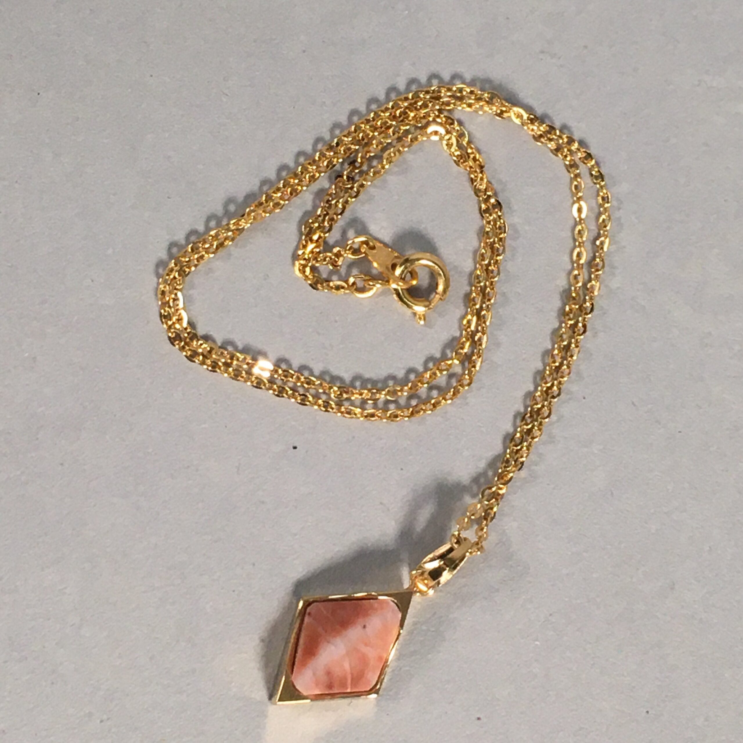 Japanese Necklace Marble Stone Pendant Vtg cm Long Gold Color Chain JK52