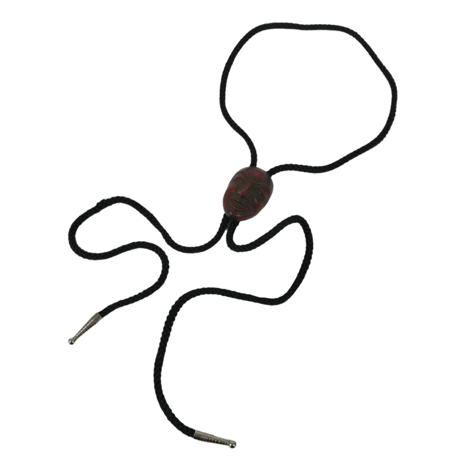 Japanese Noh Mask Western Bolo Tie Vtg Netsuke Slide Metal Tips Red Black JK886