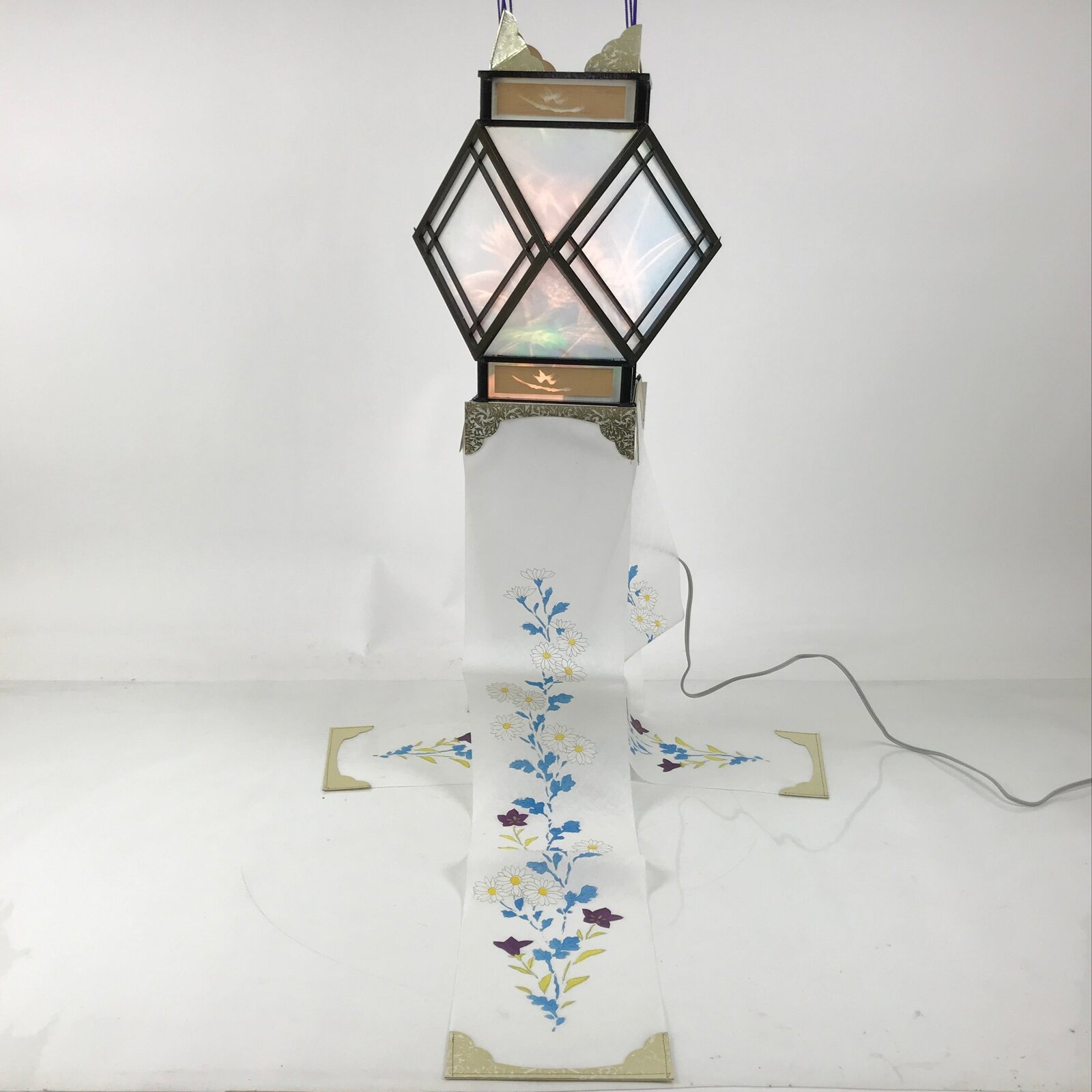 Japanese Obon Paper Chochin Electric Lantern Vtg Flower Chrysanthemum Kikyo LT91