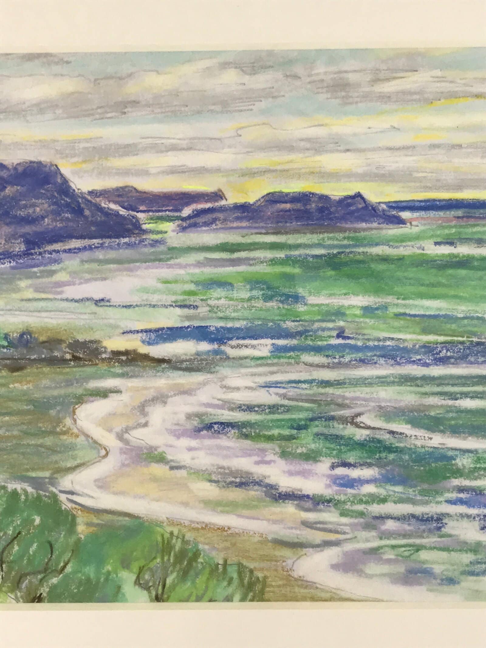 Japanese Ocean Coastline Serene Beach Pastel Drawing Original Art Unsigned FL330